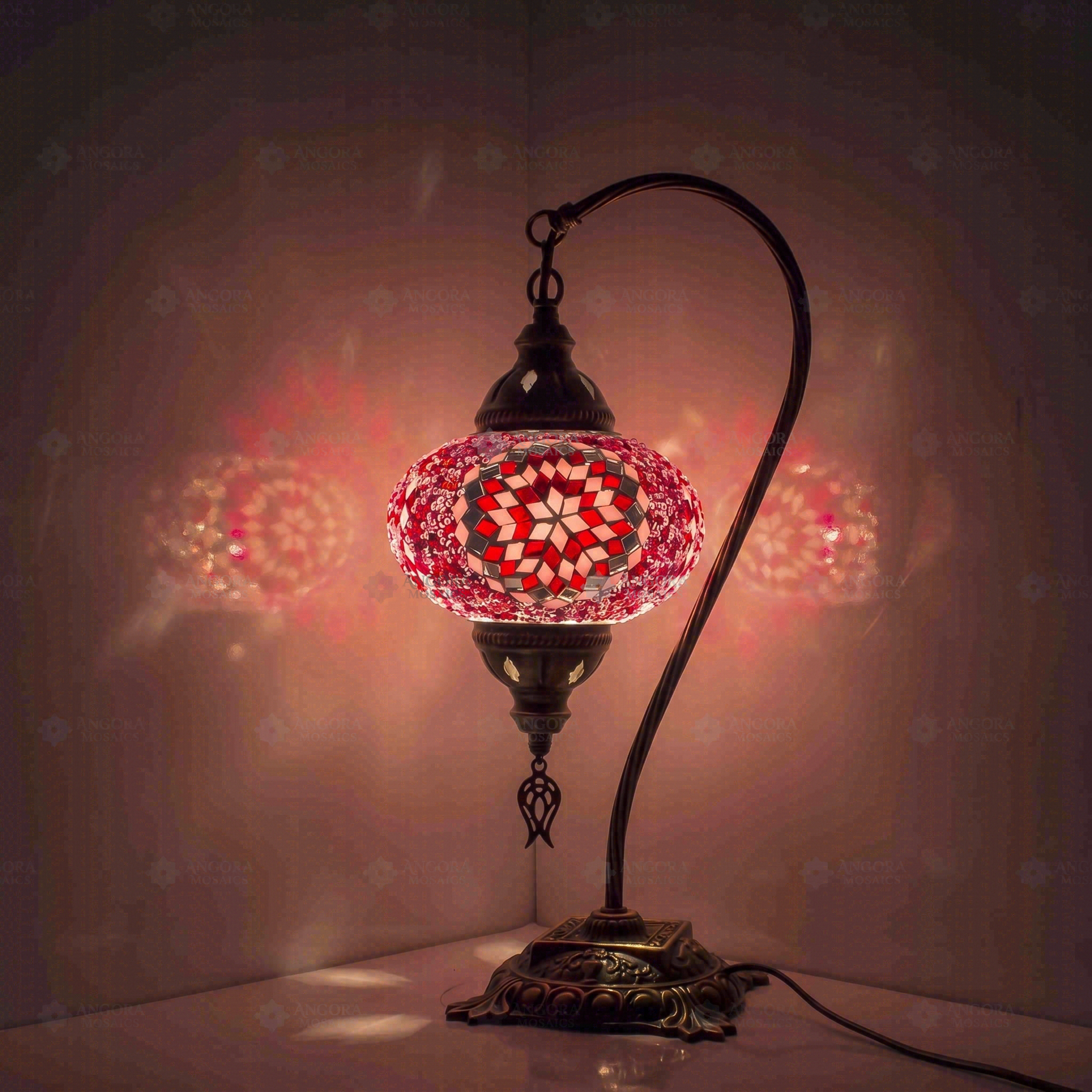 Pink Turkish mosaic table lamp illuminated, showing colorful light projection (ENV DVN3044)