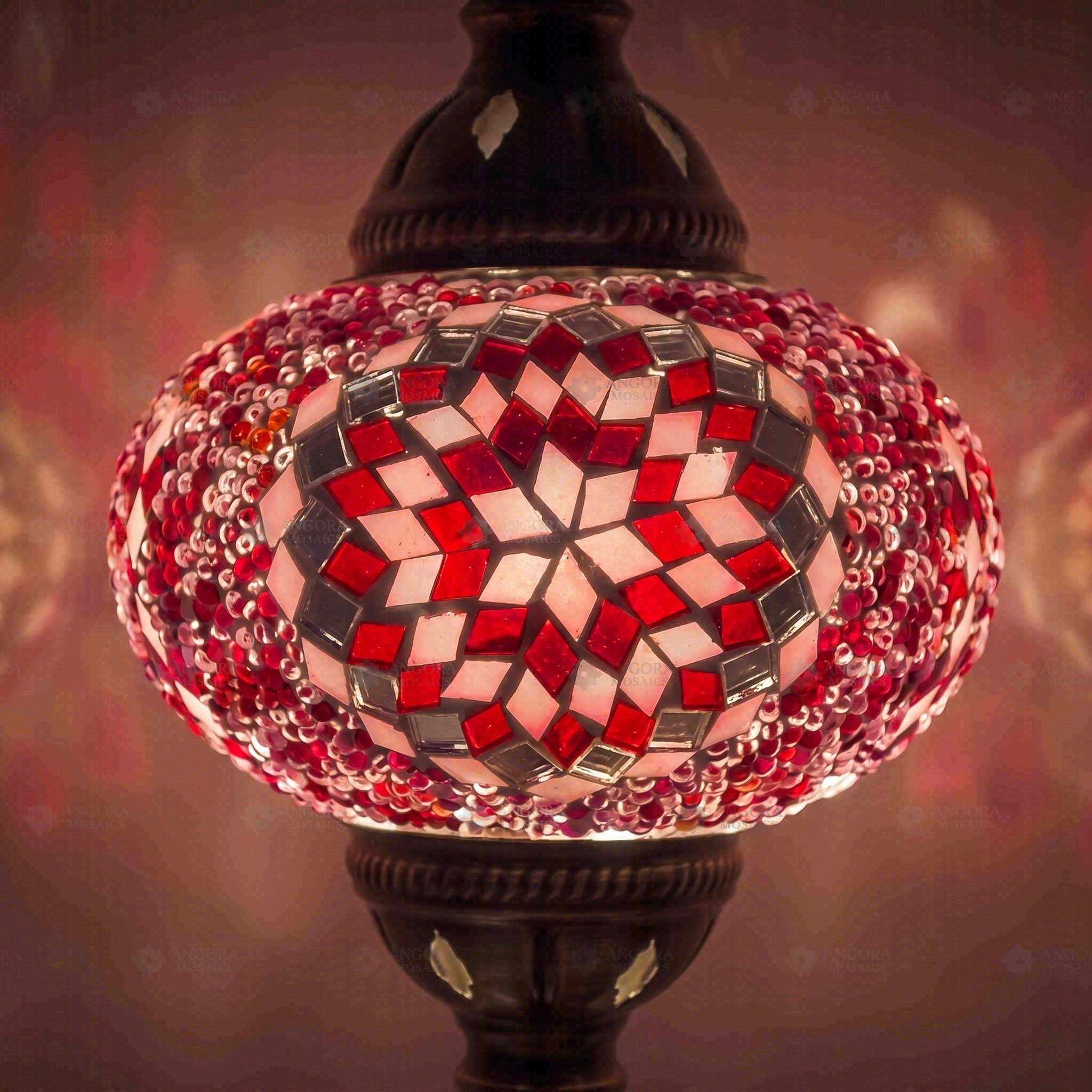 Lit close-up of mosaic glass globe — Pink table lamp glowing (ENV DVN3044)