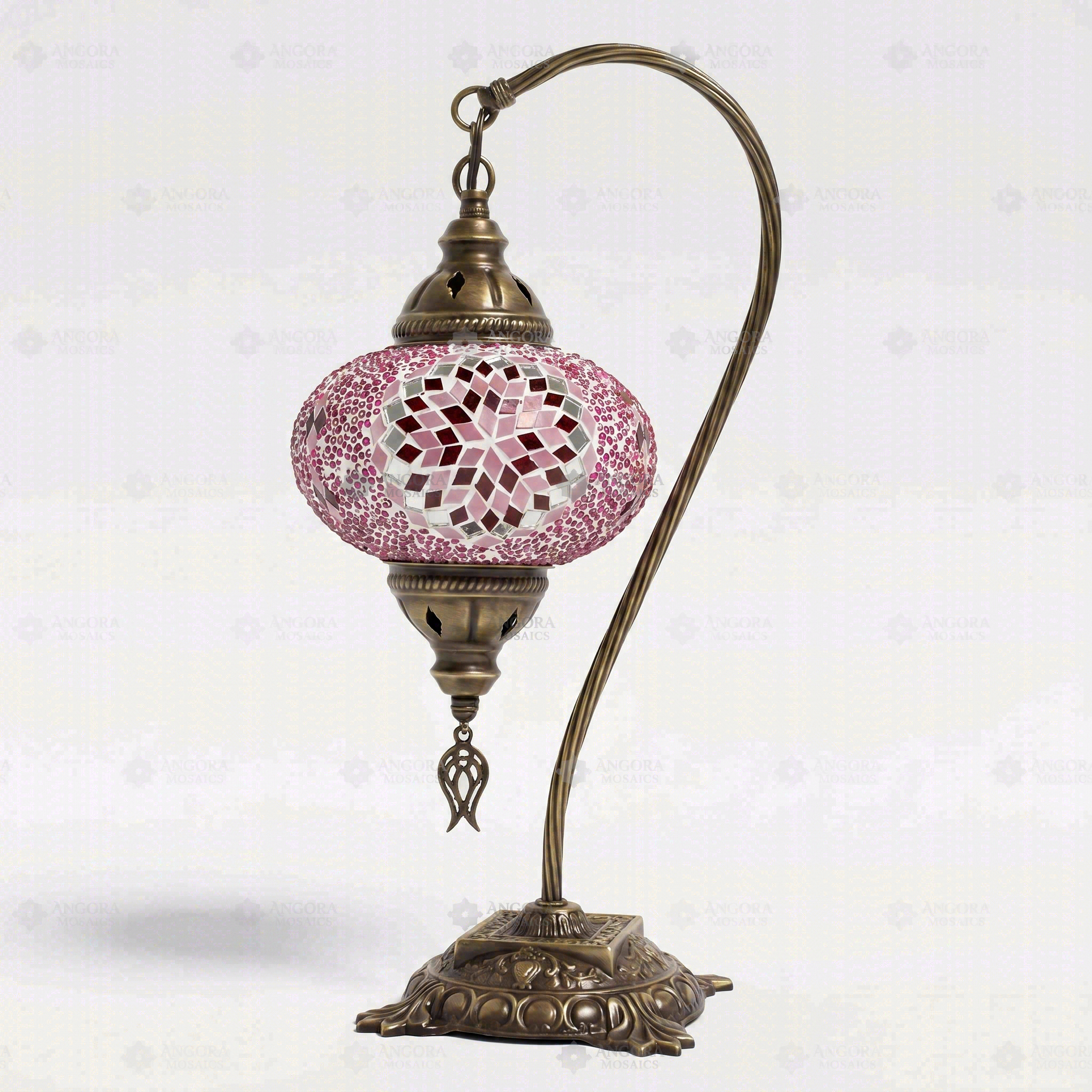 Full view of handmade Pink pink rose Turkish mosaic table lamp on white background (ENV DVN3044)
