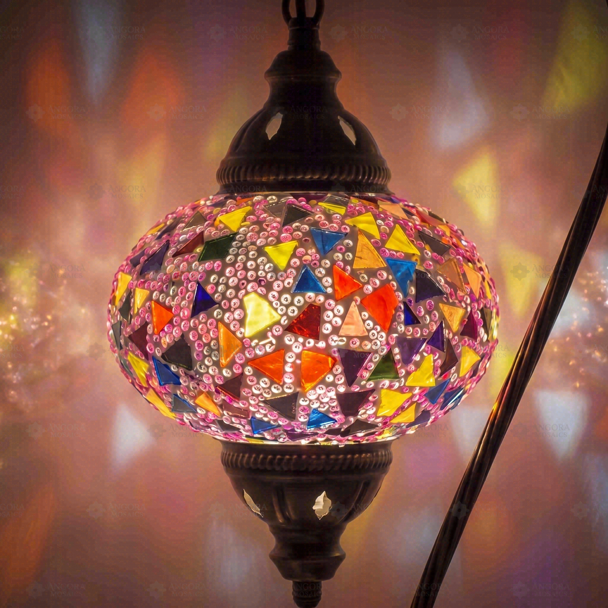 Lit close-up of mosaic glass globe — Pink table lamp glowing (ENV DVN3046)