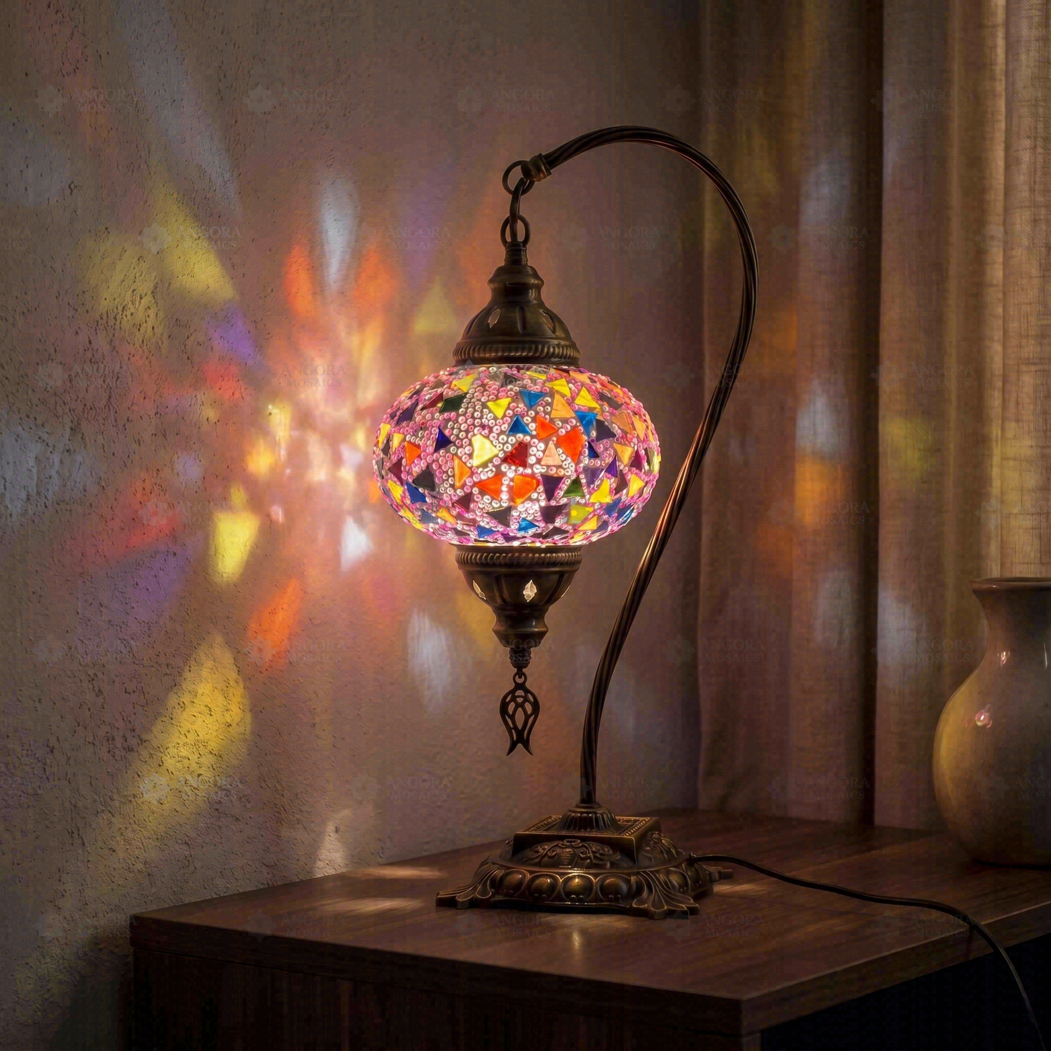Pink pink rose Turkish mosaic table lamp in styled room — handmade Moroccan table lamp (ENV DVN3046)
