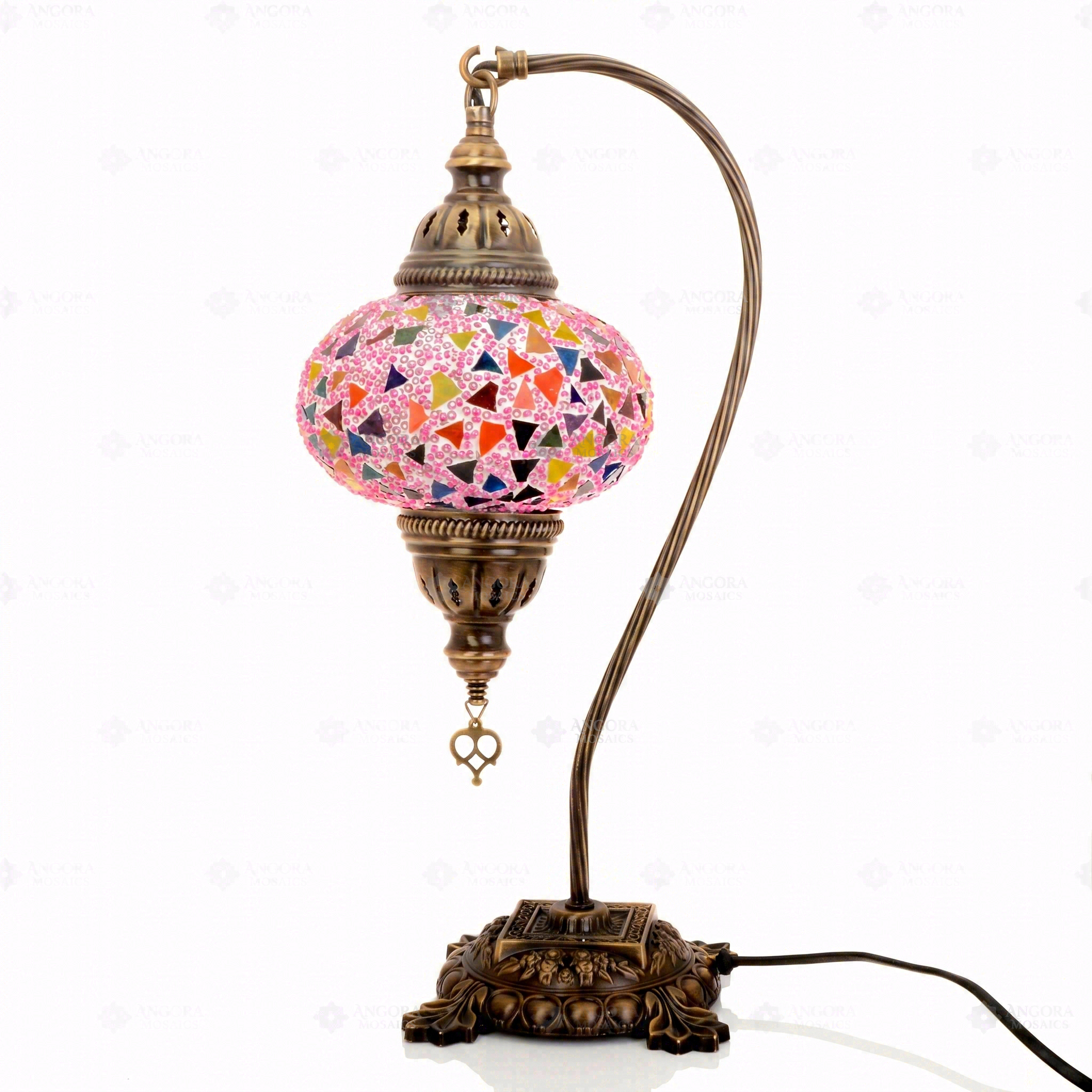 Full view of handmade Pink pink rose Turkish mosaic table lamp on white background (ENV DVN3046)