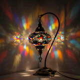 Multicolor Turkish mosaic table lamp illuminated, showing colorful light projection (ENV DVN3047)