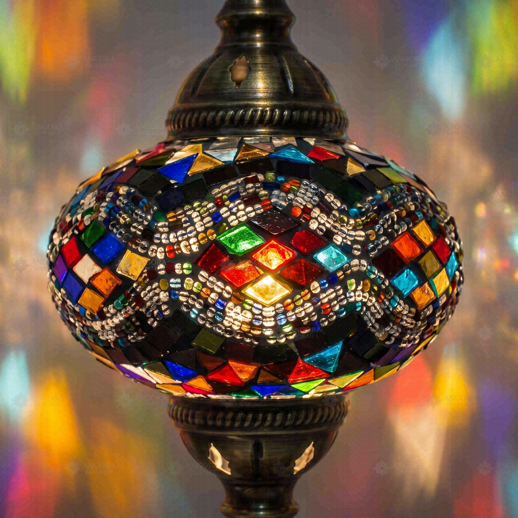 Lit close-up of mosaic glass globe — Multicolor table lamp glowing (ENV DVN3047)