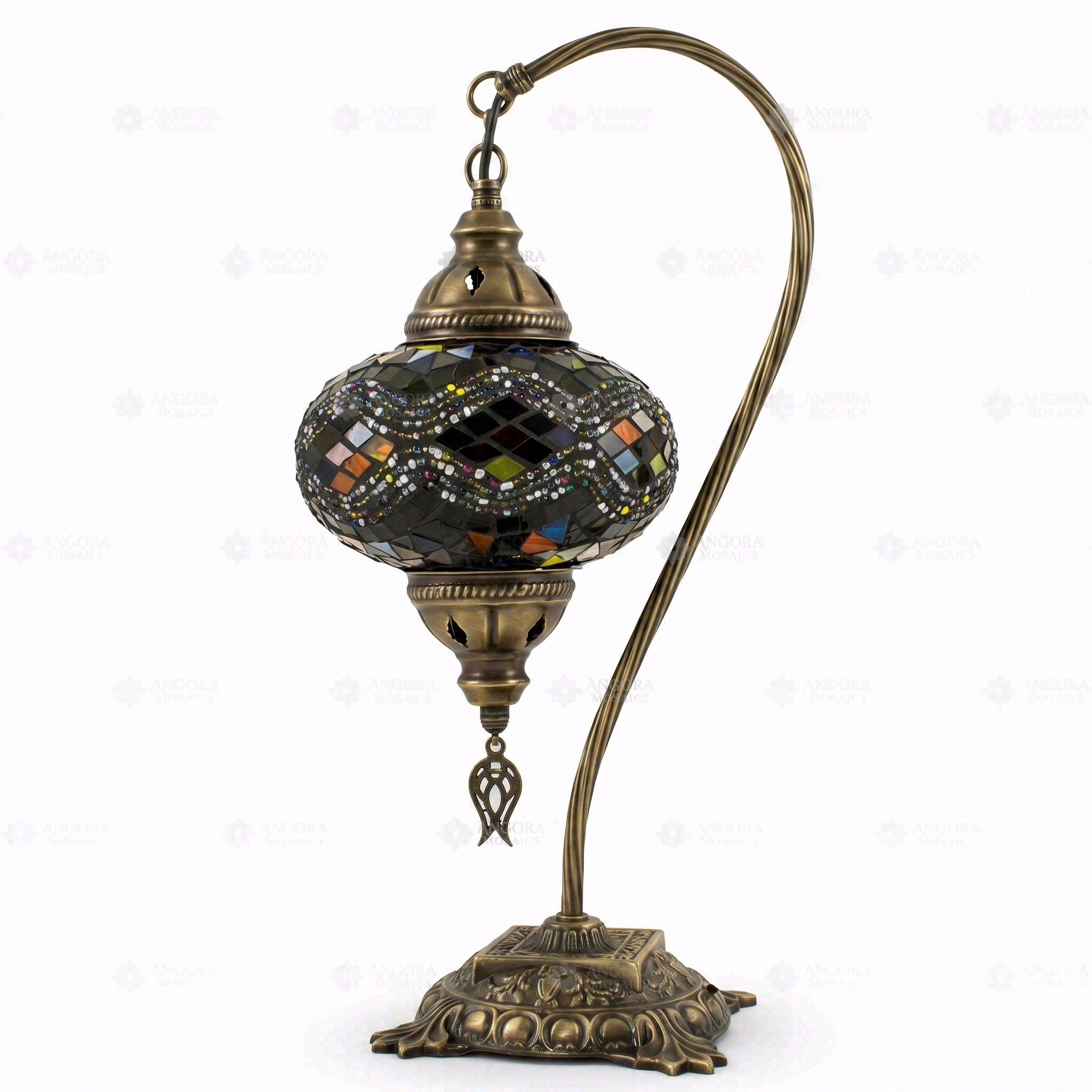 Full view of handmade Multicolor multicolor jewel Turkish mosaic table lamp on white background (ENV DVN3047)
