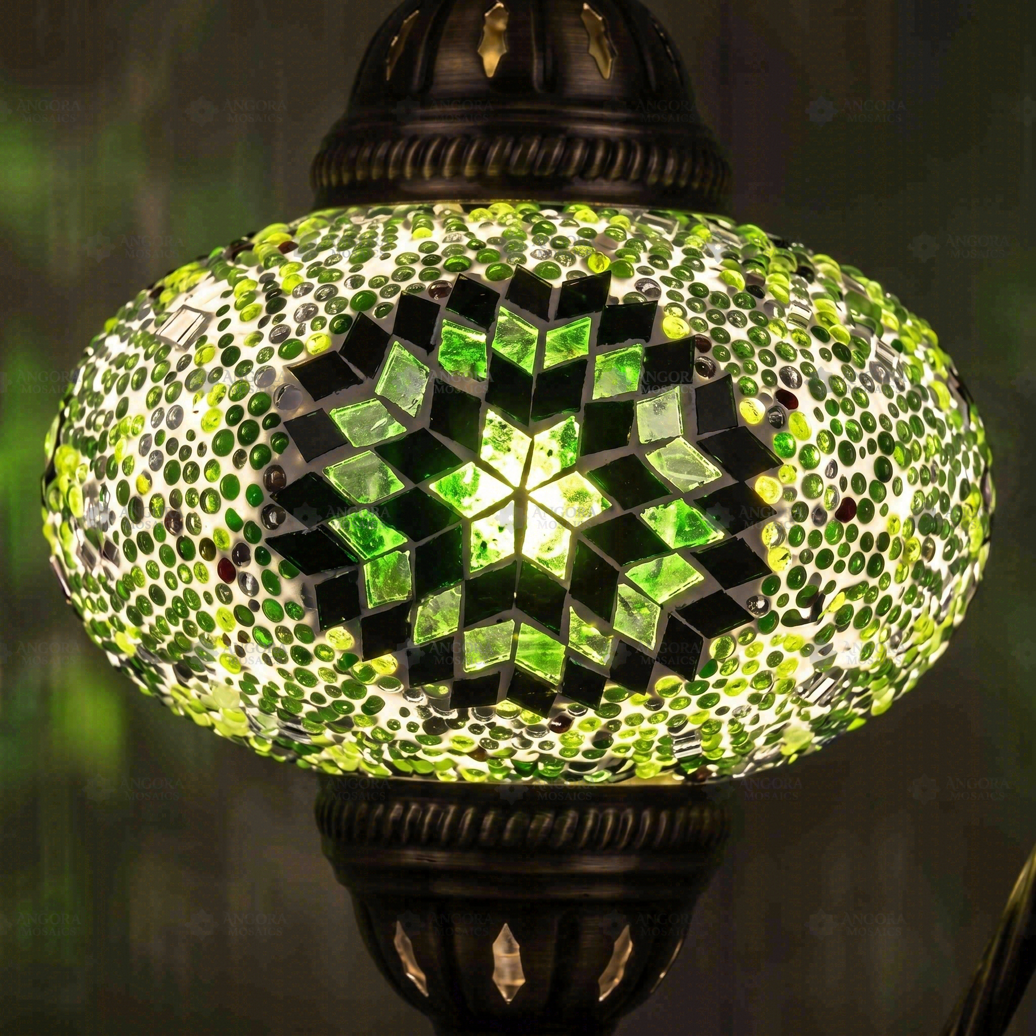 Lit close-up of mosaic glass globe — Green table lamp glowing (ENV DVN3048)