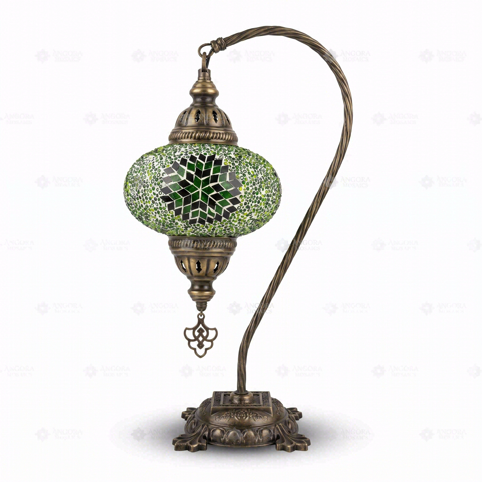 Full view of handmade Green green jewel Turkish mosaic table lamp on white background (ENV DVN3048)