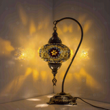 Amber Turkish mosaic table lamp illuminated, showing colorful light projection (ENV DVN3049)