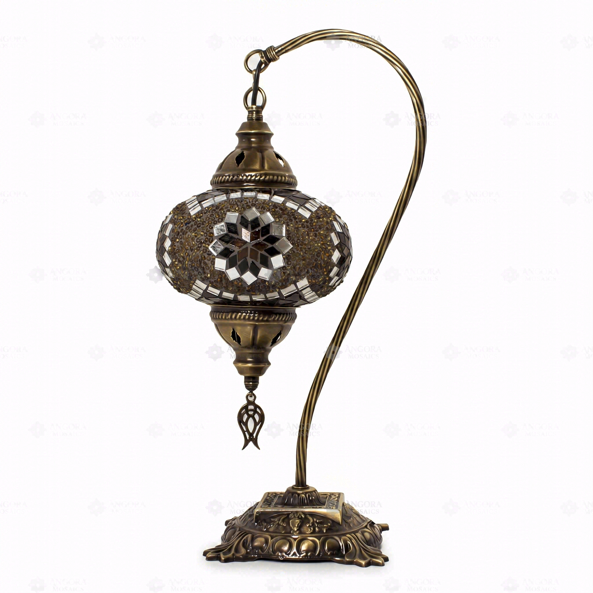 Full view of handmade Amber warm amber Turkish mosaic table lamp on white background (ENV DVN3049)