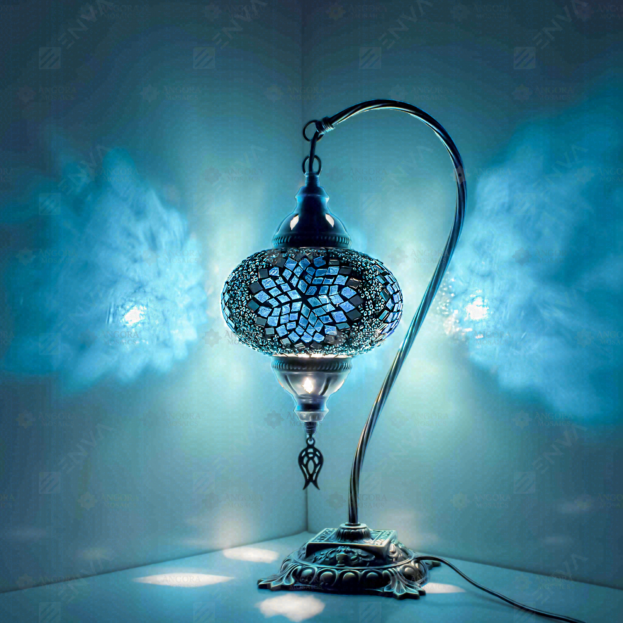 Blue Turkish mosaic table lamp illuminated, showing colorful light projection (ENV DVN3051)