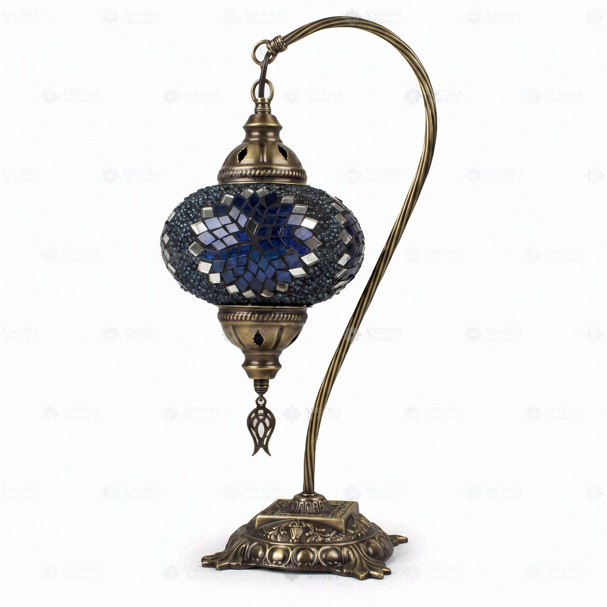 Full view of handmade Blue blue jewel Turkish mosaic table lamp on white background (ENV DVN3051)