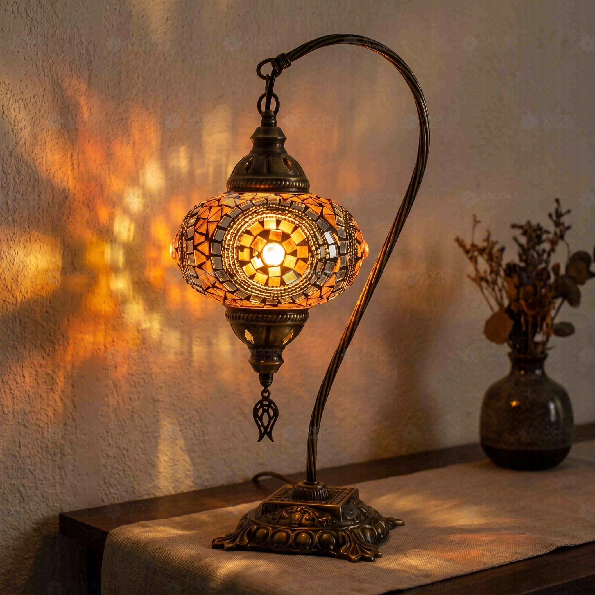 Amber warm amber Turkish mosaic table lamp in styled room — handmade Moroccan table lamp (ENV DVN3052)