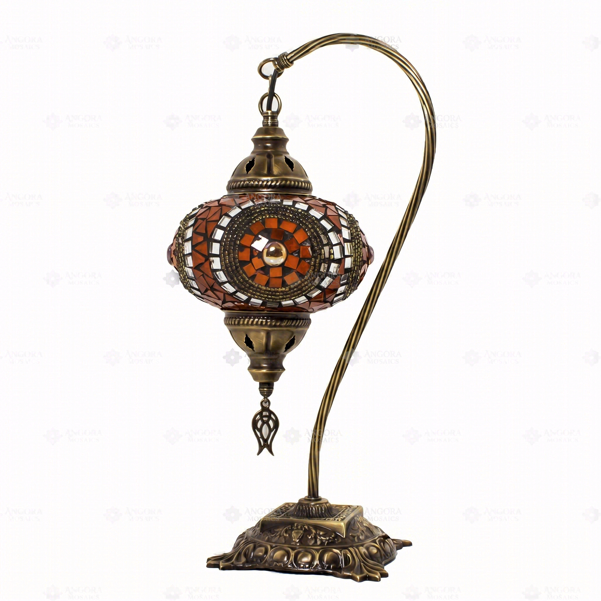 Full view of handmade Amber warm amber Turkish mosaic table lamp on white background (ENV DVN3052)