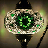 Lit close-up of mosaic glass globe — Green table lamp glowing (ENV DVN3055)
