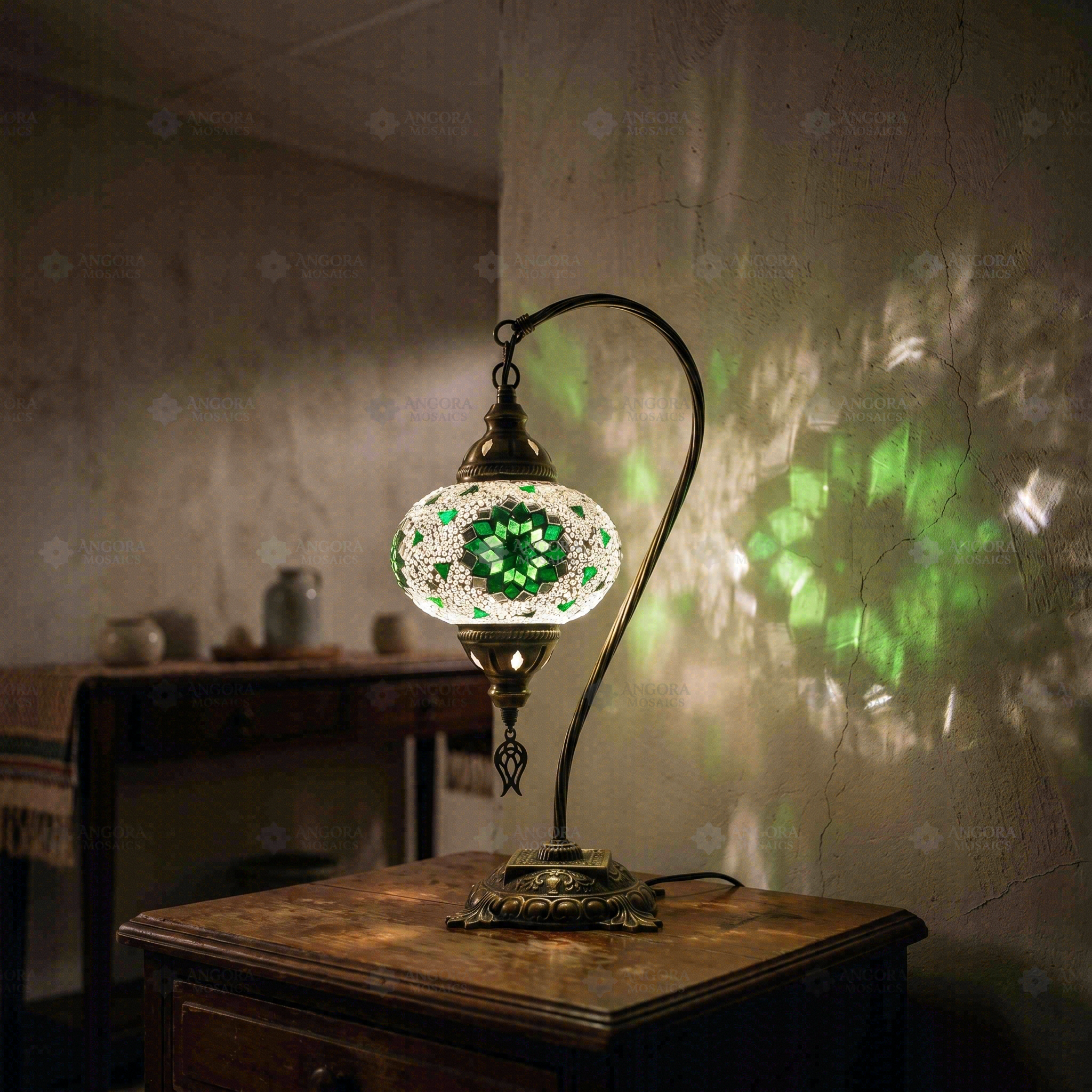 Green green jewel Turkish mosaic table lamp in styled room — handmade Moroccan table lamp (ENV DVN3055)