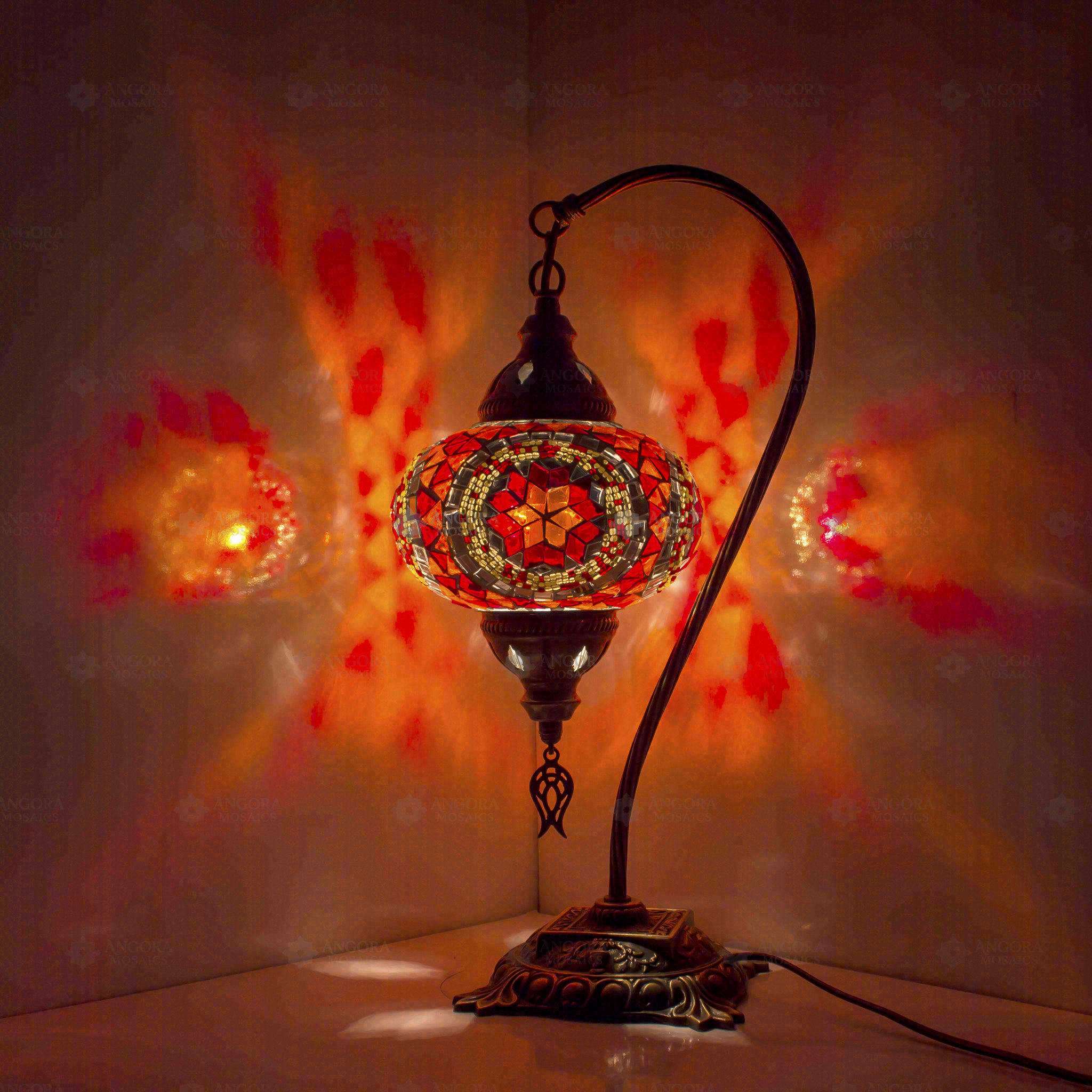 Red Turkish mosaic table lamp illuminated, showing colorful light projection (ENV DVN3056)