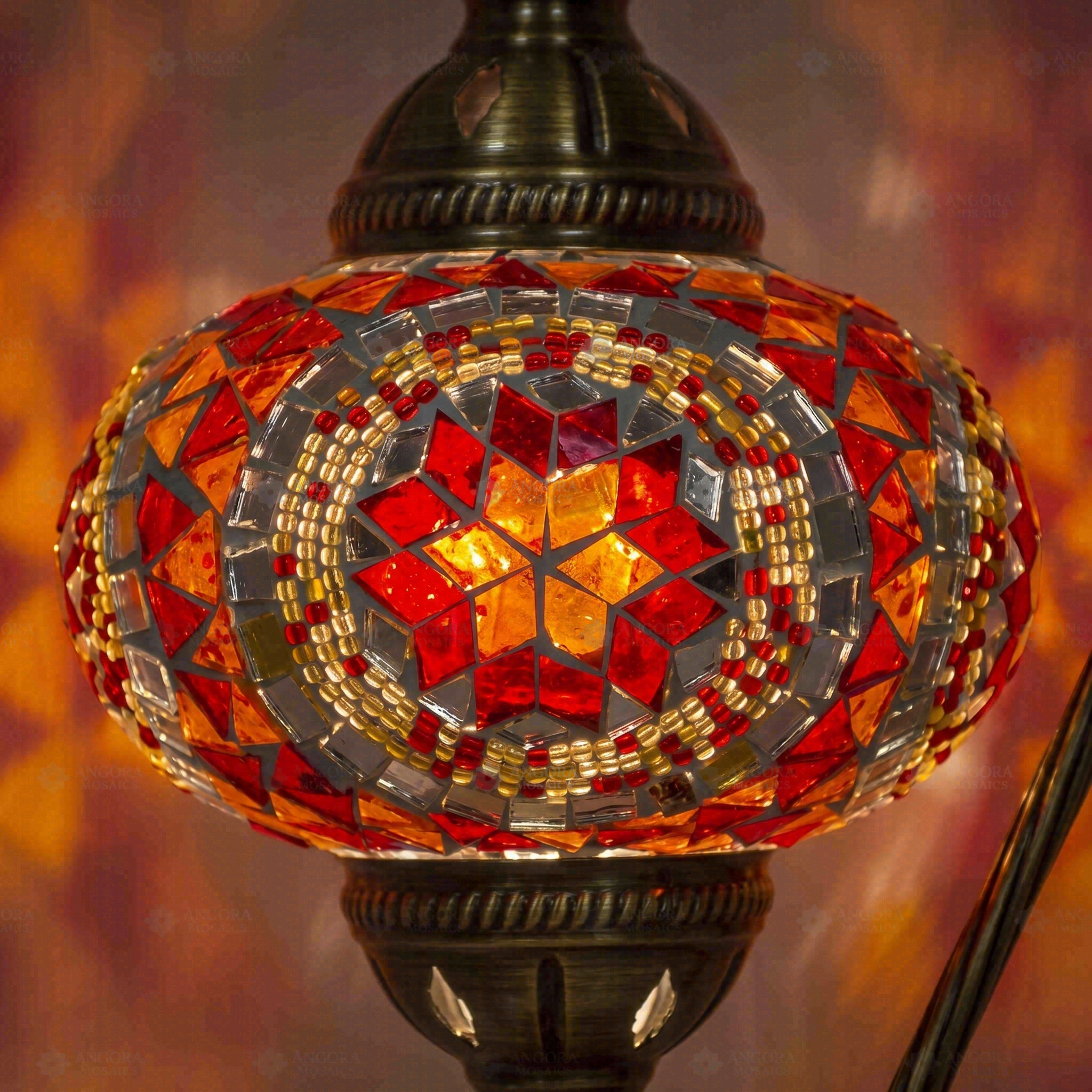 Lit close-up of mosaic glass globe — Red table lamp glowing (ENV DVN3056)