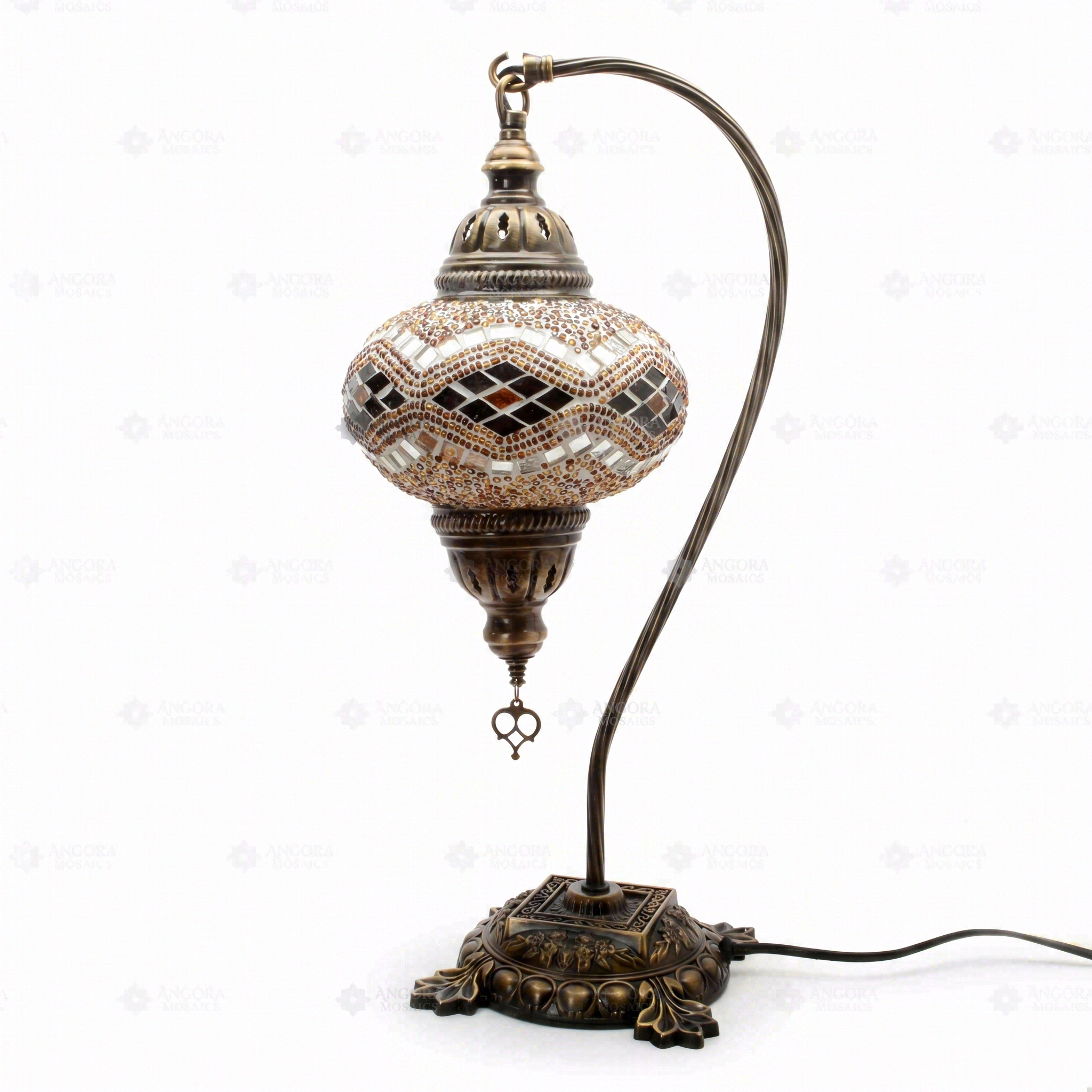 Full view of handmade Amber warm amber Turkish mosaic table lamp on white background (ENV DVN3057)