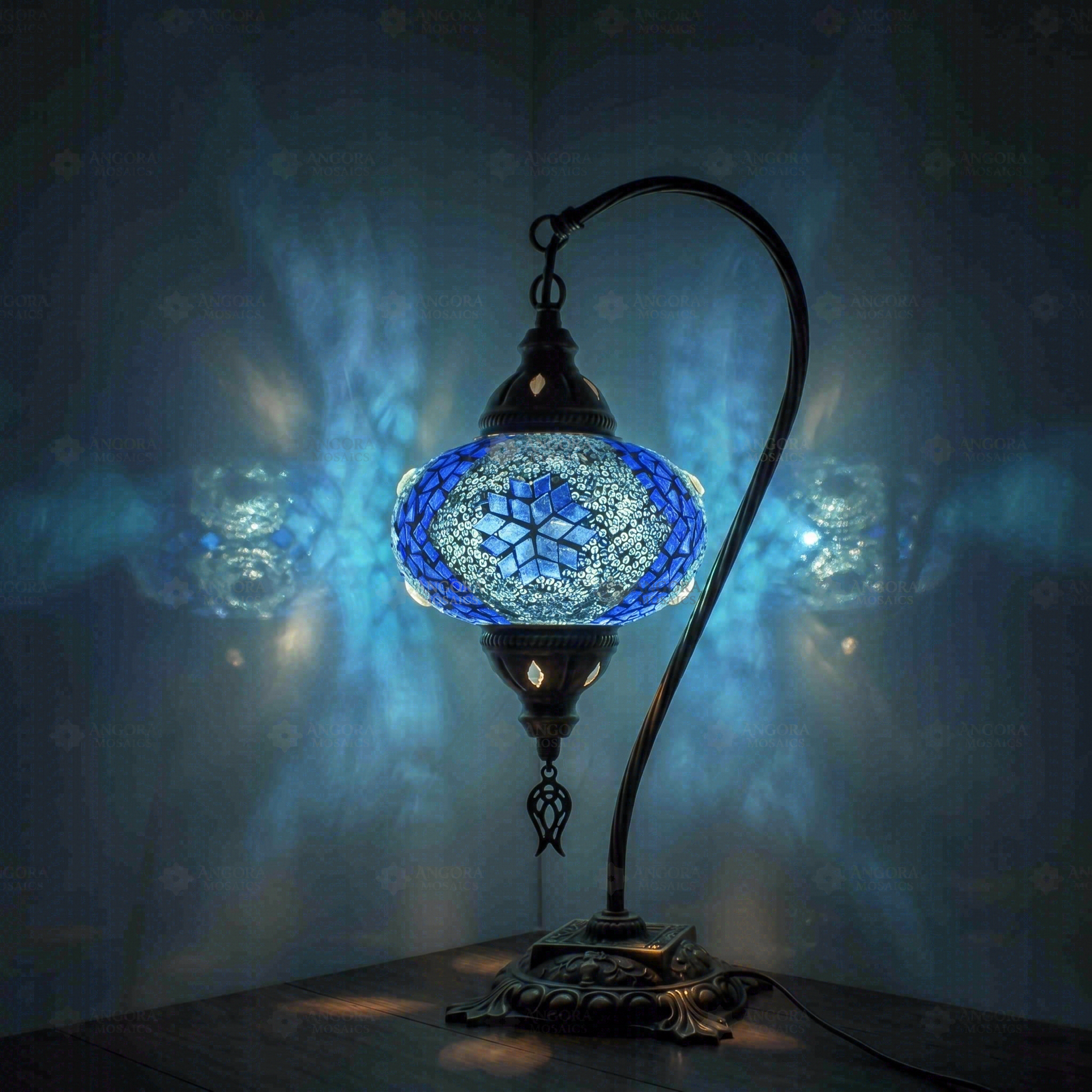 Blue Turkish mosaic table lamp illuminated, showing colorful light projection (ENV DVN3058)