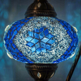 Lit close-up of mosaic glass globe — Blue table lamp glowing (ENV DVN3058)