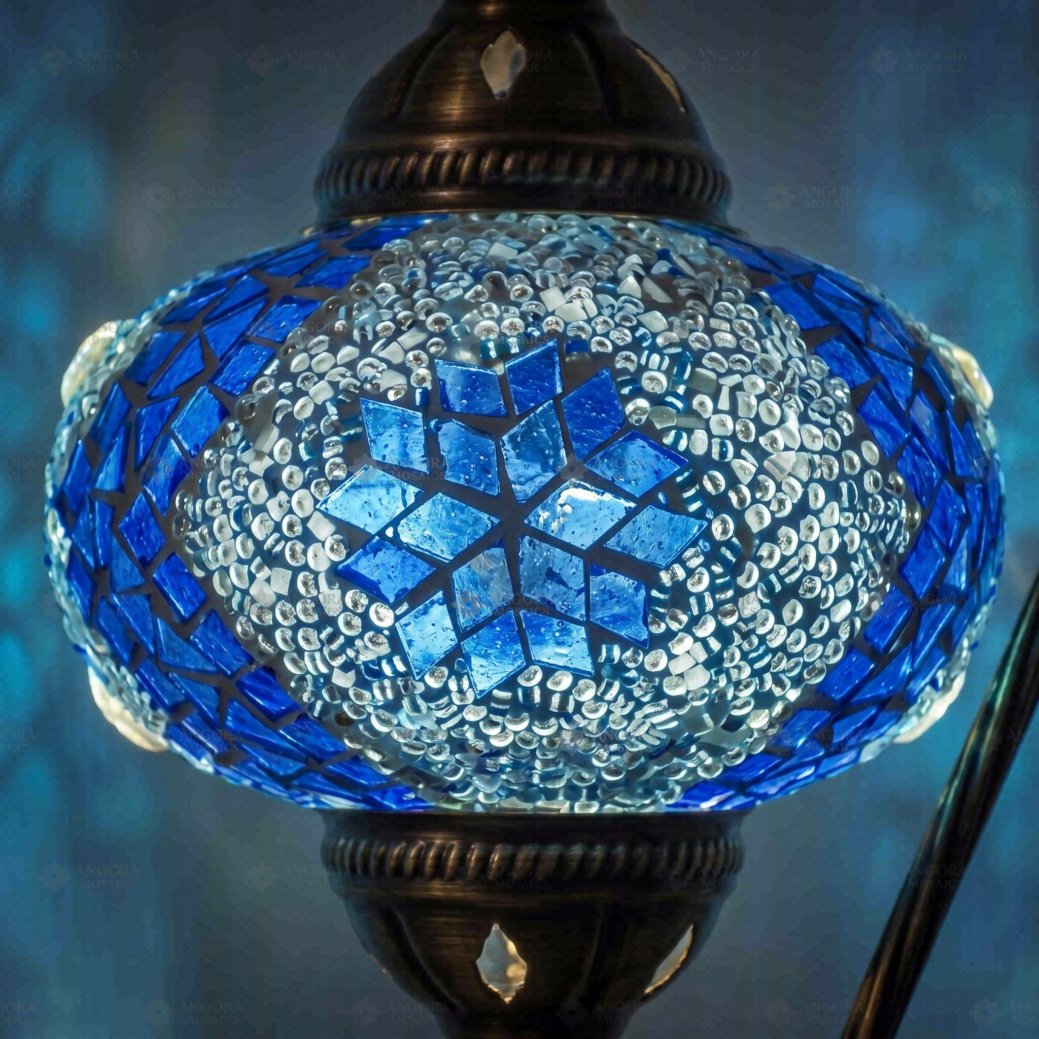 Lit close-up of mosaic glass globe — Blue table lamp glowing (ENV DVN3058)
