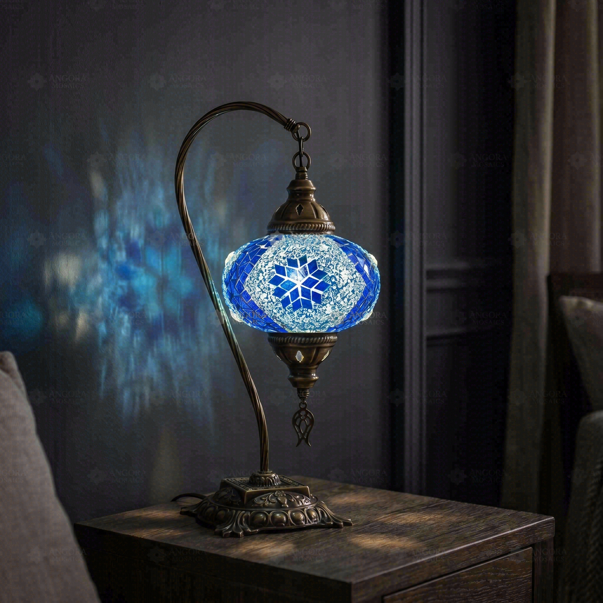 Blue blue jewel Turkish mosaic table lamp in styled room — handmade Moroccan table lamp (ENV DVN3058)