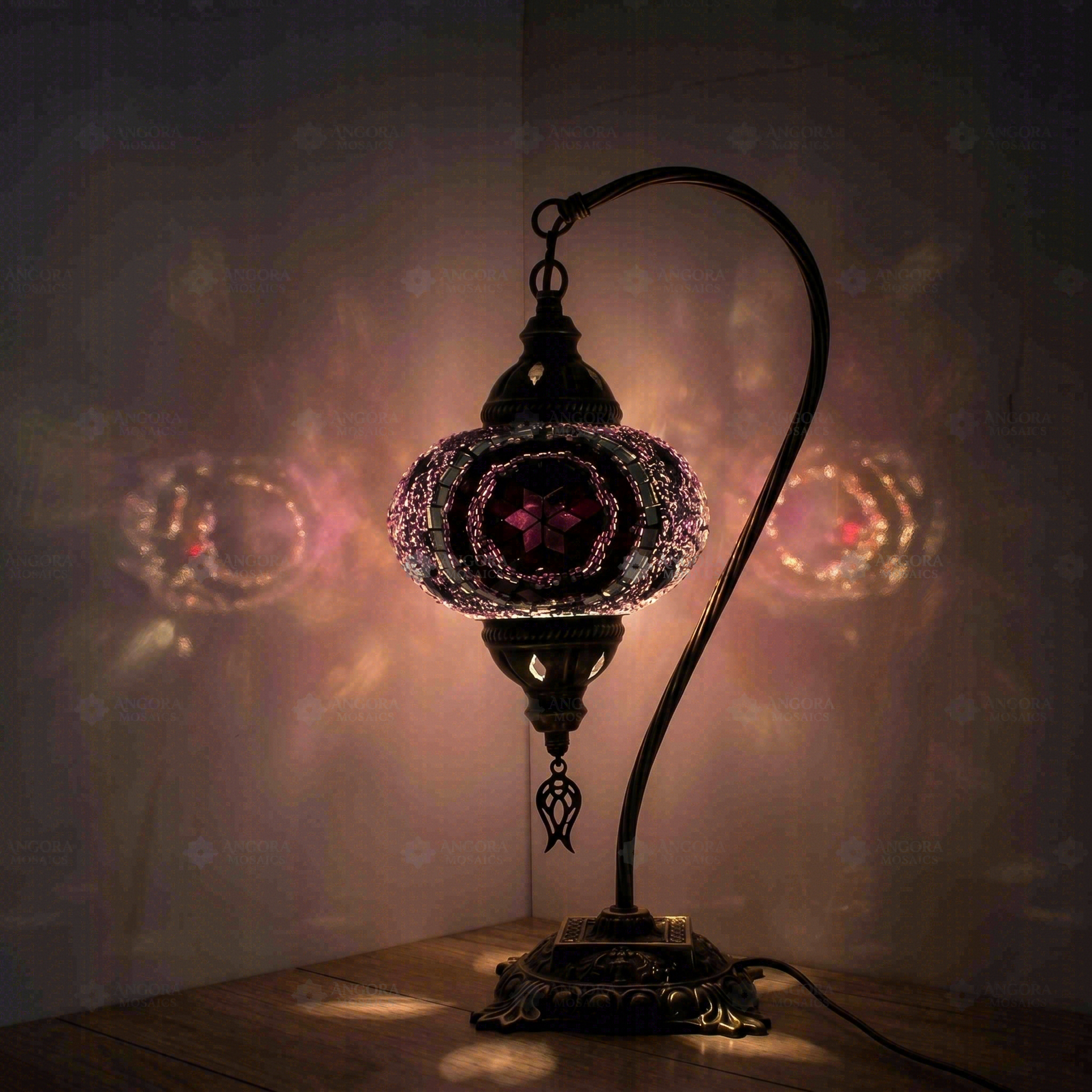 Purple Turkish mosaic table lamp illuminated, showing colorful light projection (ENV DVN3059)