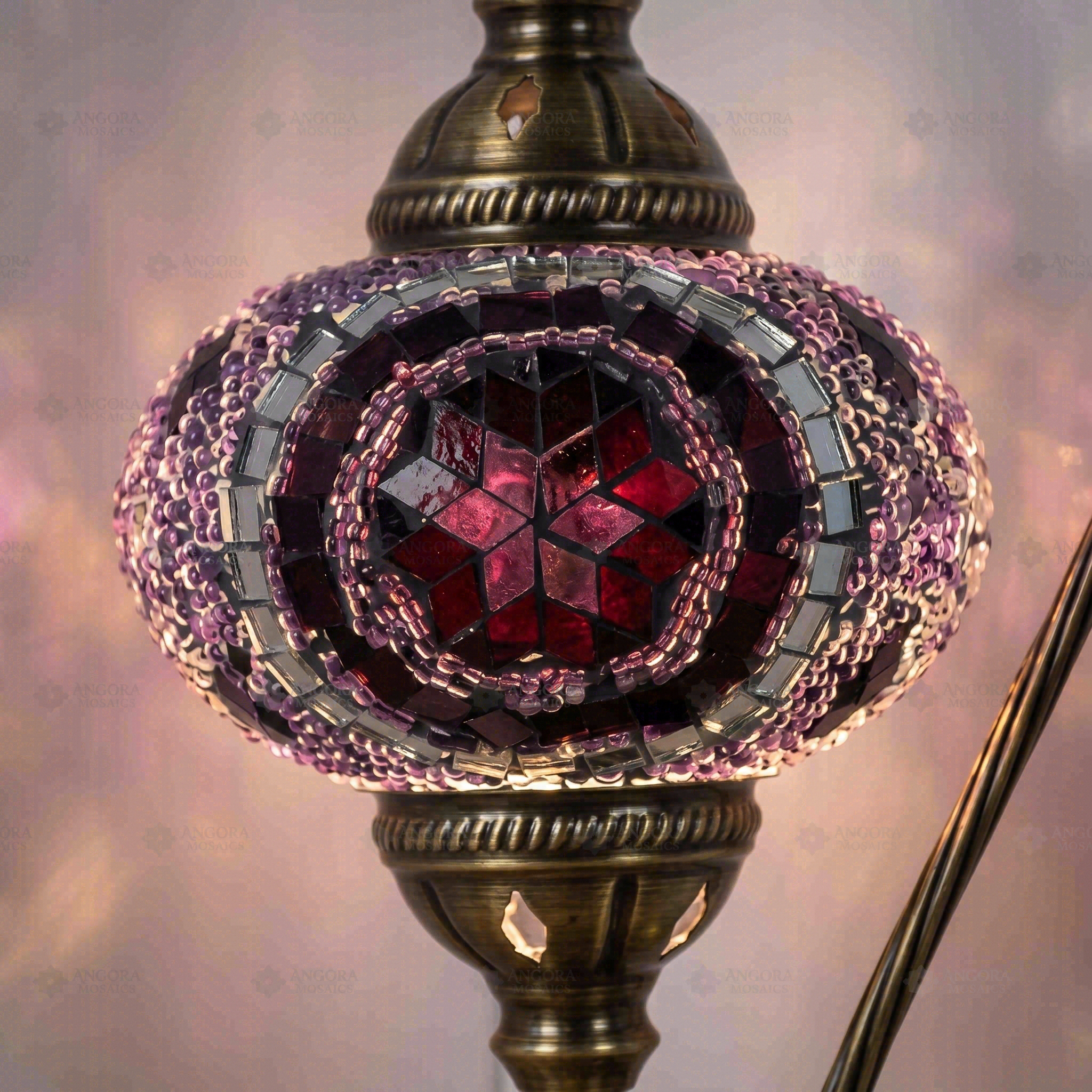 Lit close-up of mosaic glass globe — Purple table lamp glowing (ENV DVN3059)