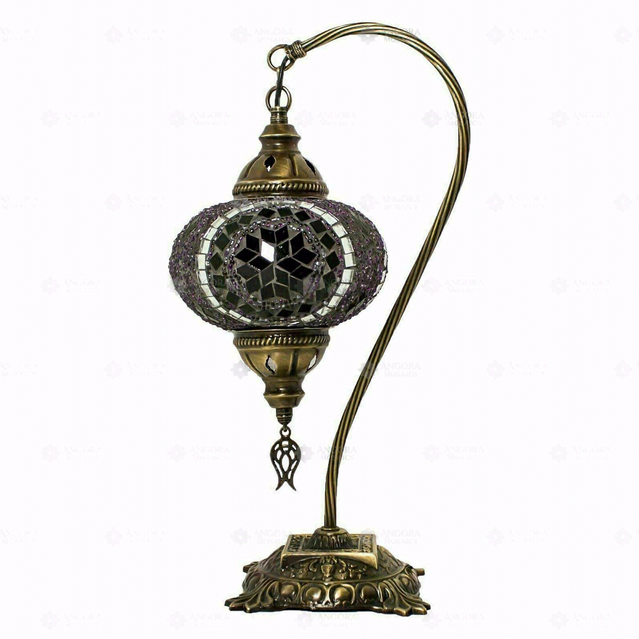 Full view of handmade Purple purple jewel Turkish mosaic table lamp on white background (ENV DVN3059)