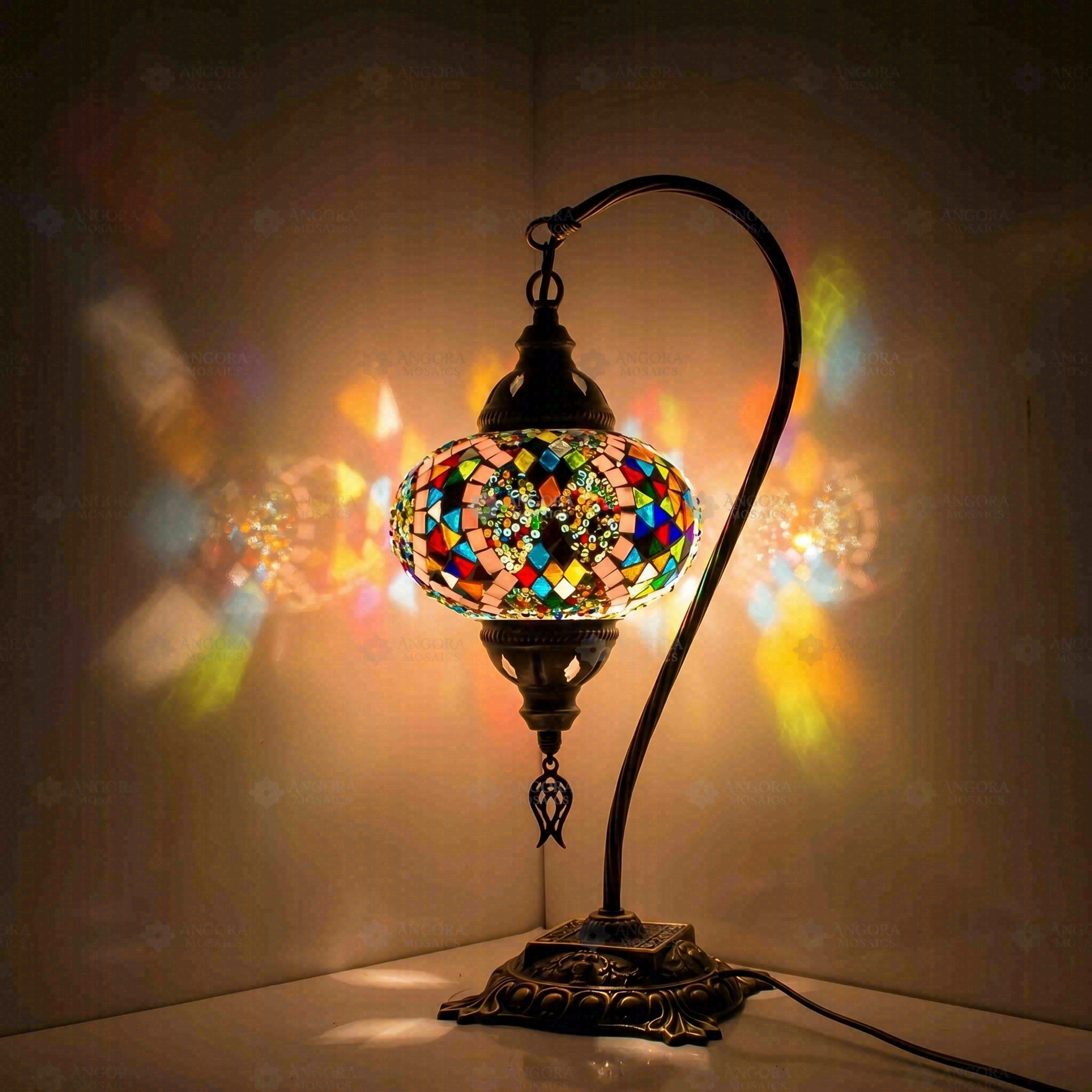 Multicolor Turkish mosaic table lamp illuminated, showing colorful light projection (ENV DVN3060)