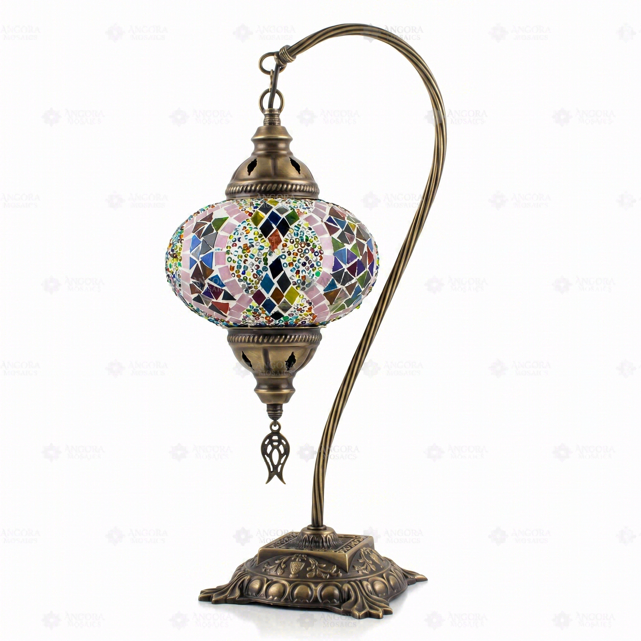 Full view of handmade Multicolor multicolor jewel Turkish mosaic table lamp on white background (ENV DVN3060)