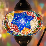 Lit close-up of mosaic glass globe — Multicolor table lamp glowing (ENV DVN3061)