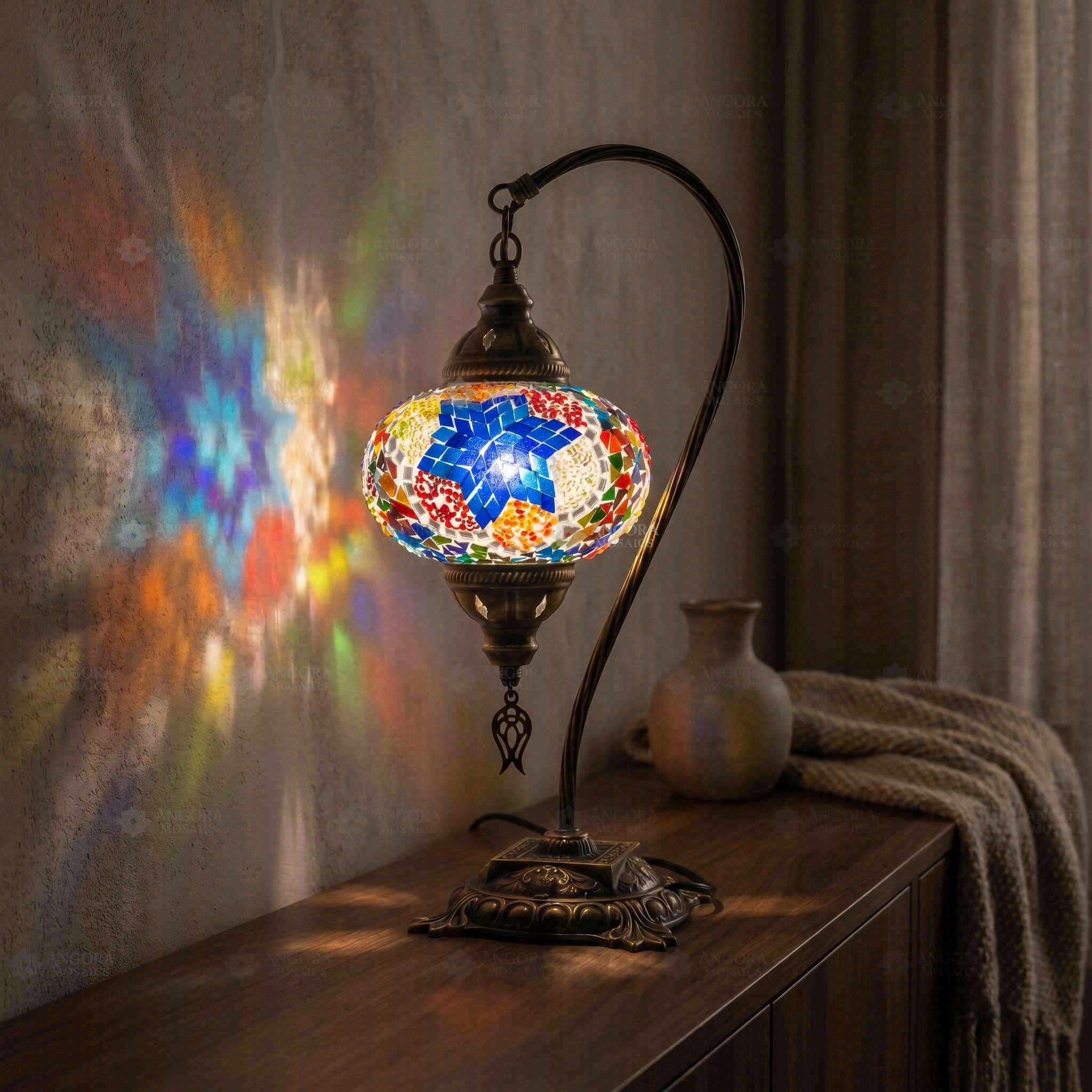 Multicolor multicolor jewel Turkish mosaic table lamp in styled room — handmade Moroccan table lamp (ENV DVN3061)