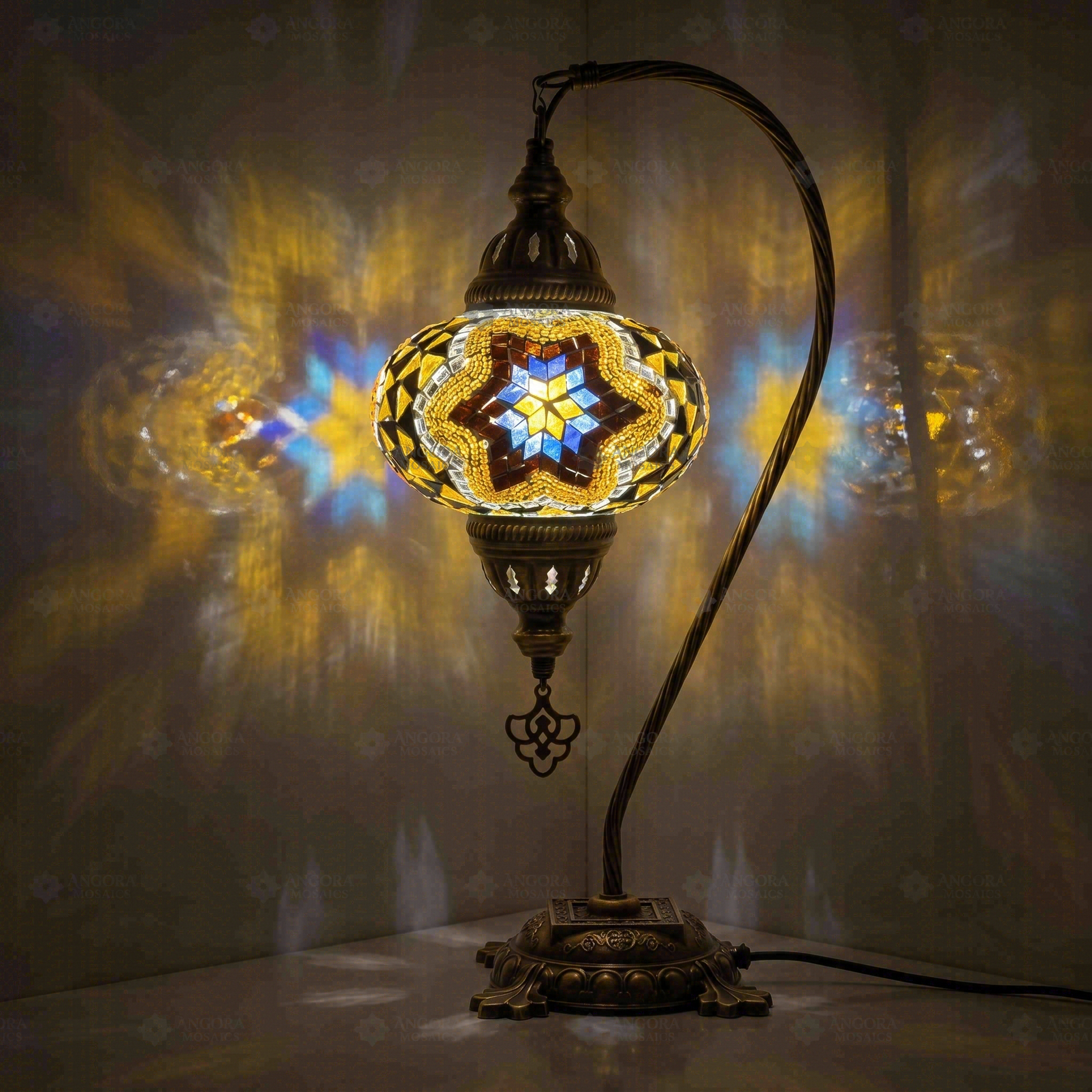 Warm Tones Turkish mosaic table lamp illuminated, showing colorful light projection (ENV DVN3063)