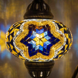 Lit close-up of mosaic glass globe — Warm Tones table lamp glowing (ENV DVN3063)