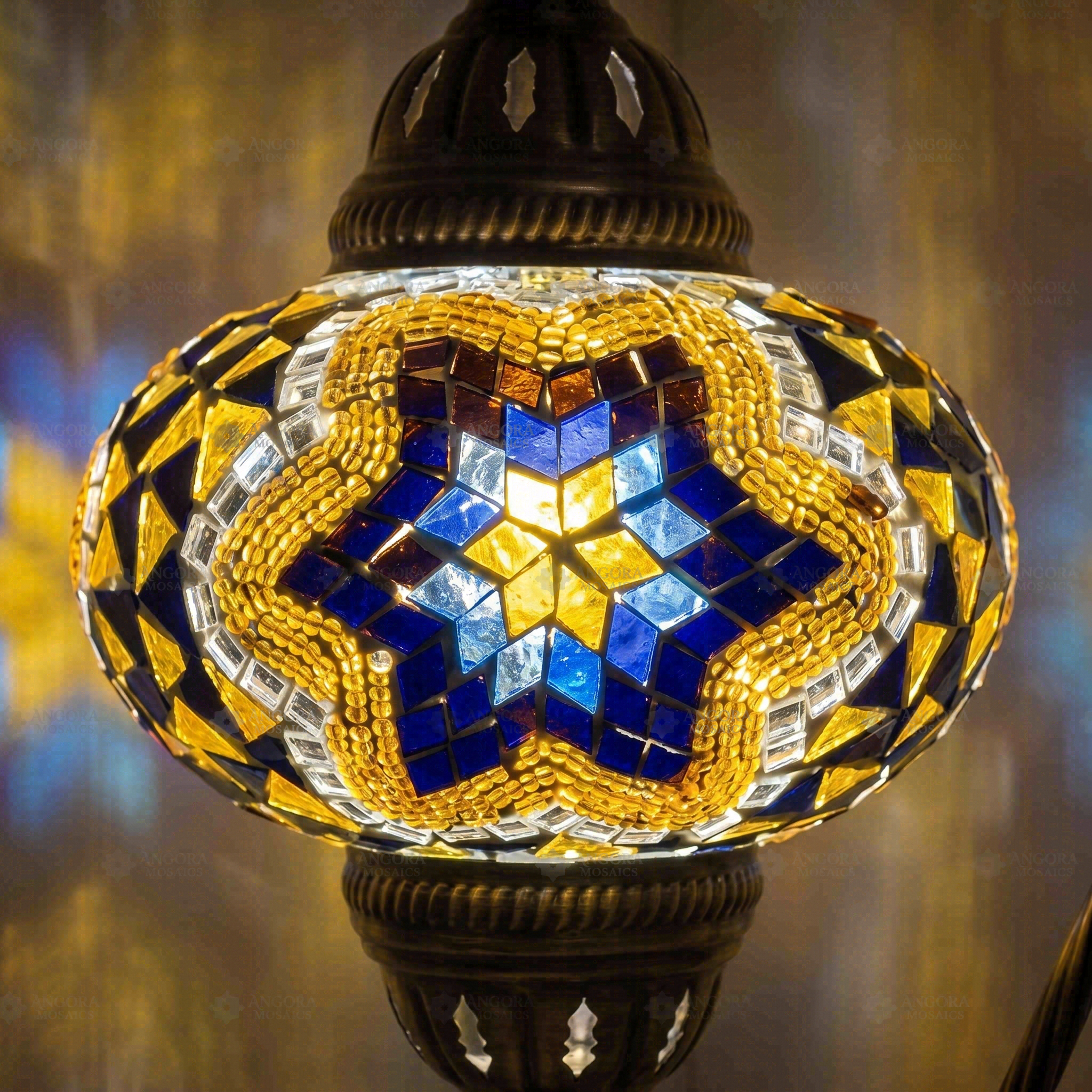 Lit close-up of mosaic glass globe — Warm Tones table lamp glowing (ENV DVN3063)