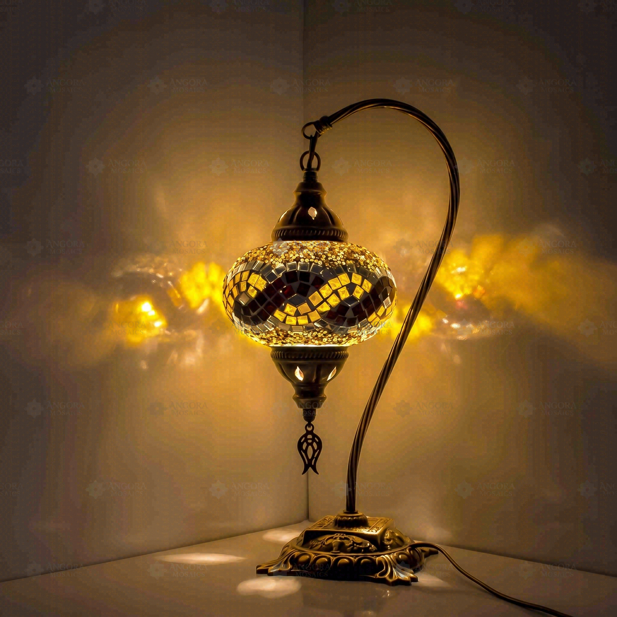 Warm Tones Turkish mosaic table lamp illuminated, showing colorful light projection (ENV DVN3064)