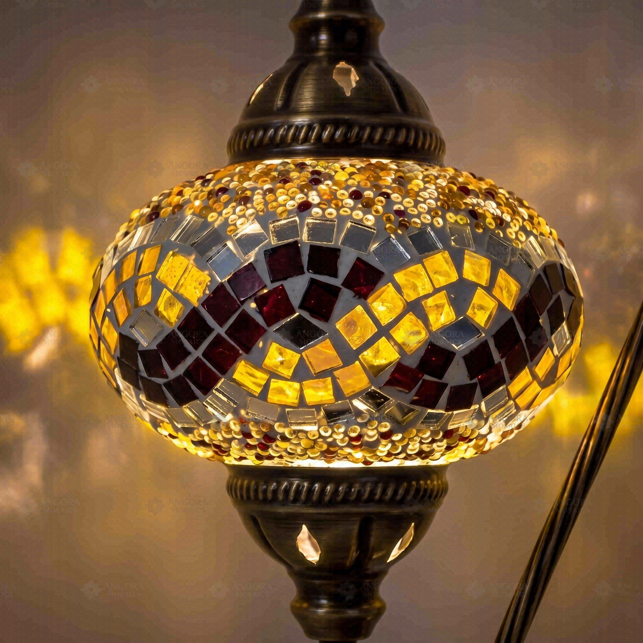 Lit close-up of mosaic glass globe — Warm Tones table lamp glowing (ENV DVN3064)