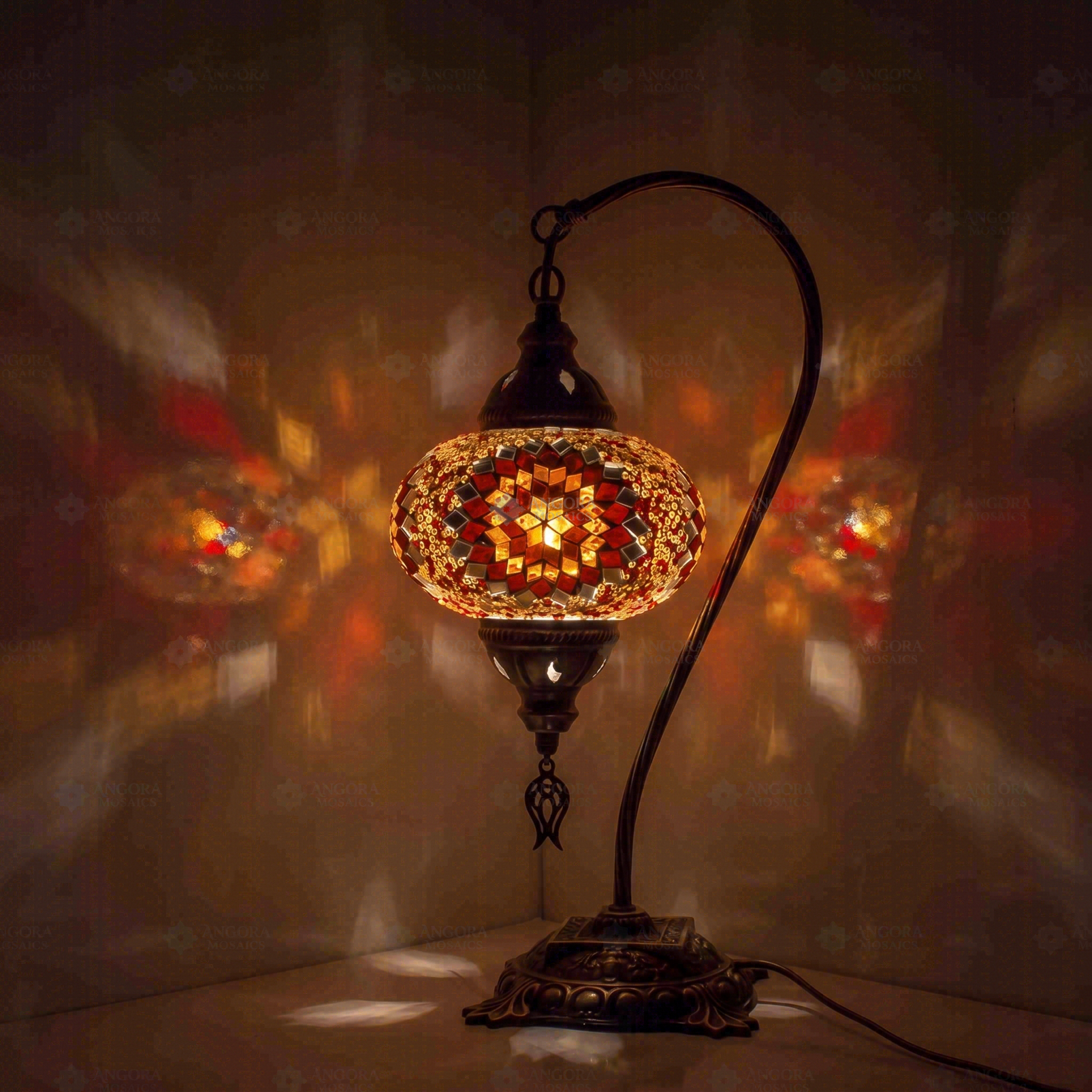Amber Turkish mosaic table lamp illuminated, showing colorful light projection (ENV DVN3065)