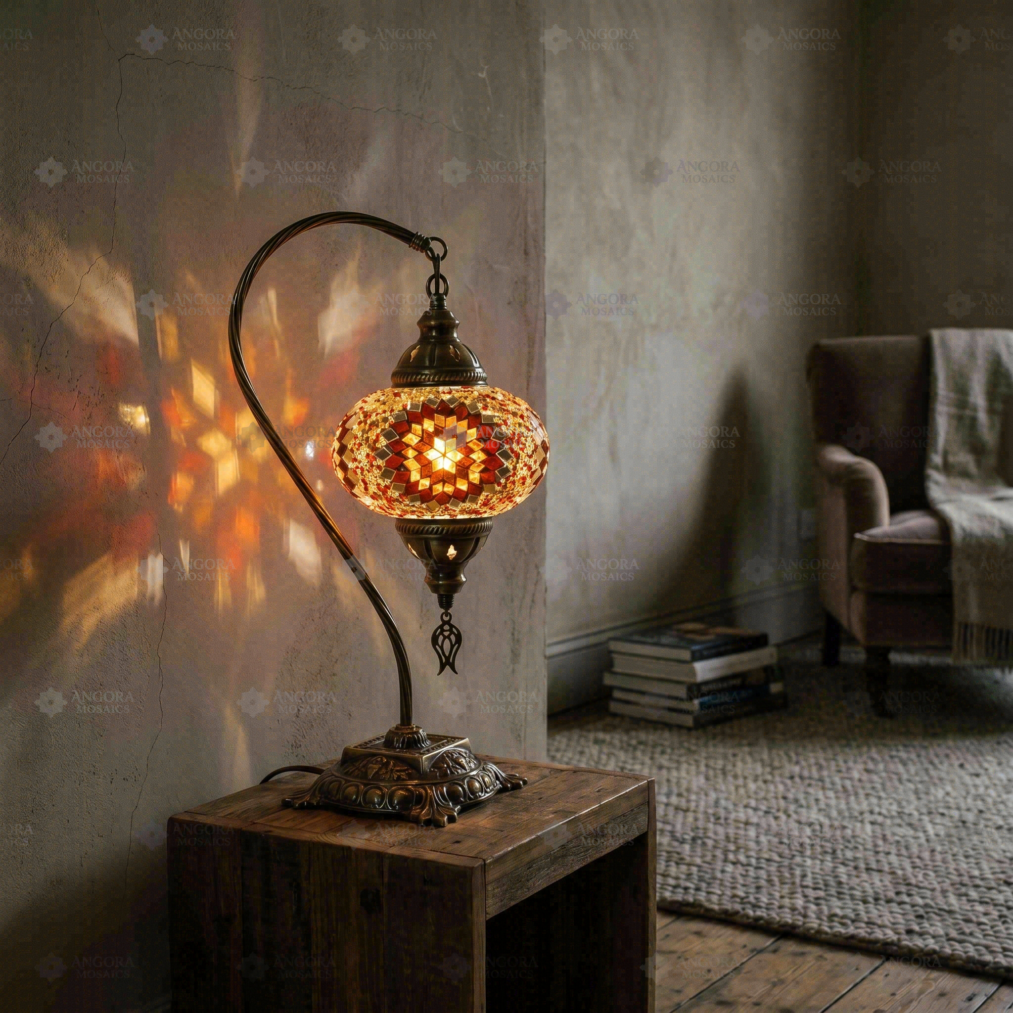 Amber warm amber Turkish mosaic table lamp in styled room — handmade Moroccan table lamp (ENV DVN3065)