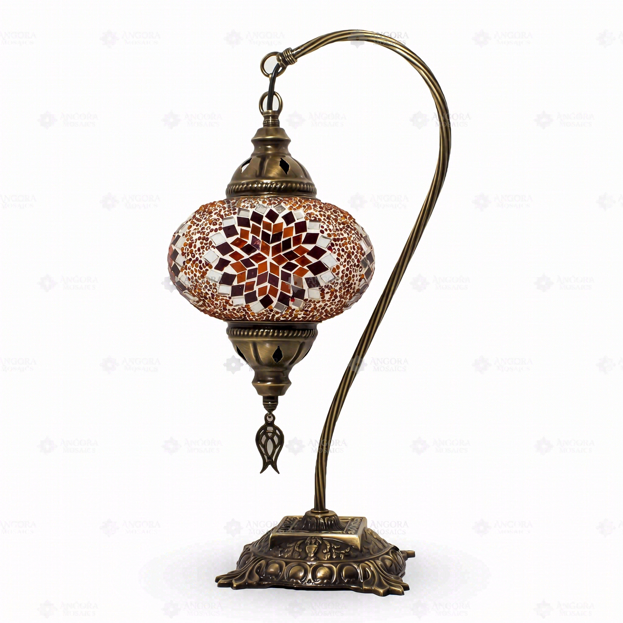 Full view of handmade Amber warm amber Turkish mosaic table lamp on white background (ENV DVN3065)
