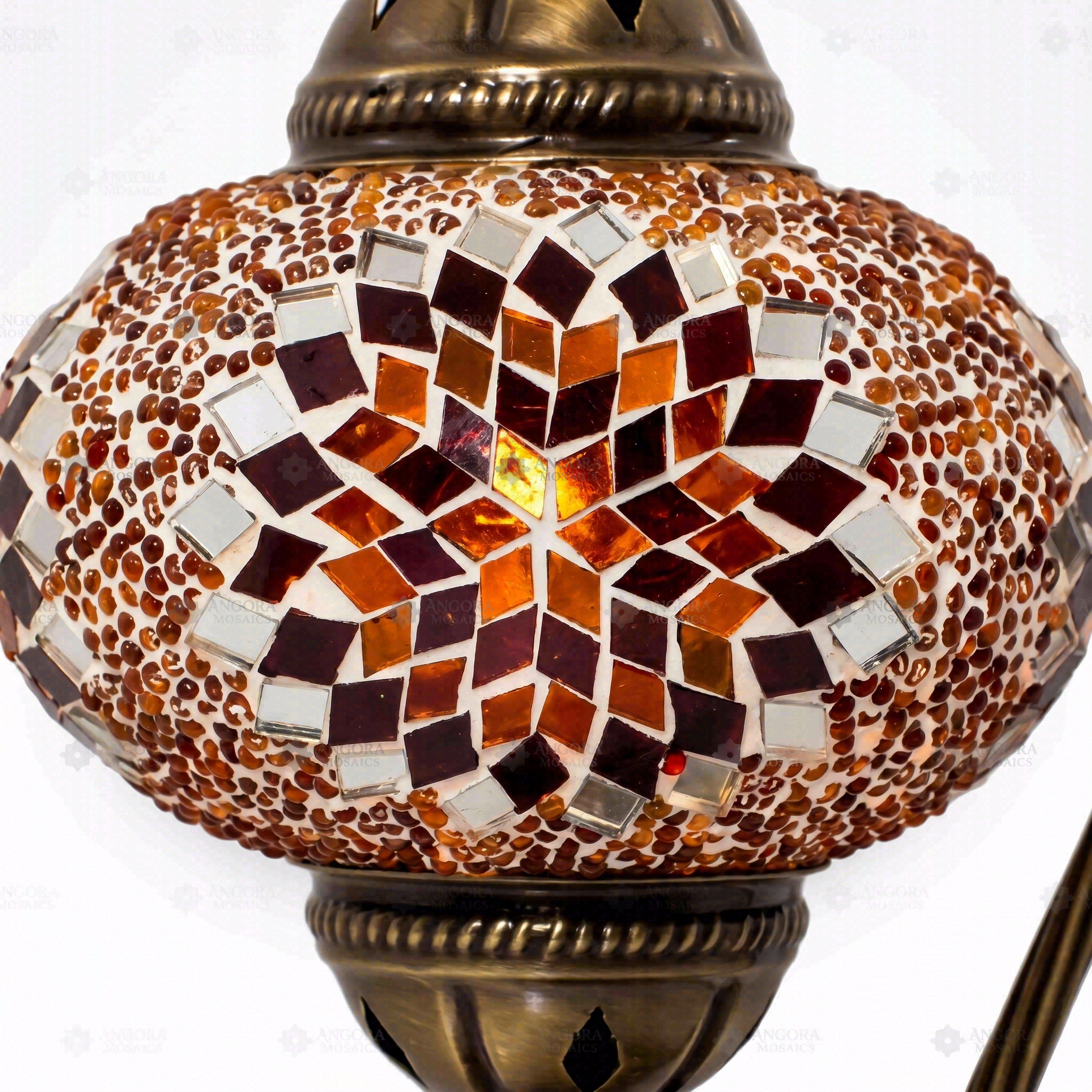Close-up of Amber warm amber mosaic glass globe pattern — table lamp (ENV DVN3065)