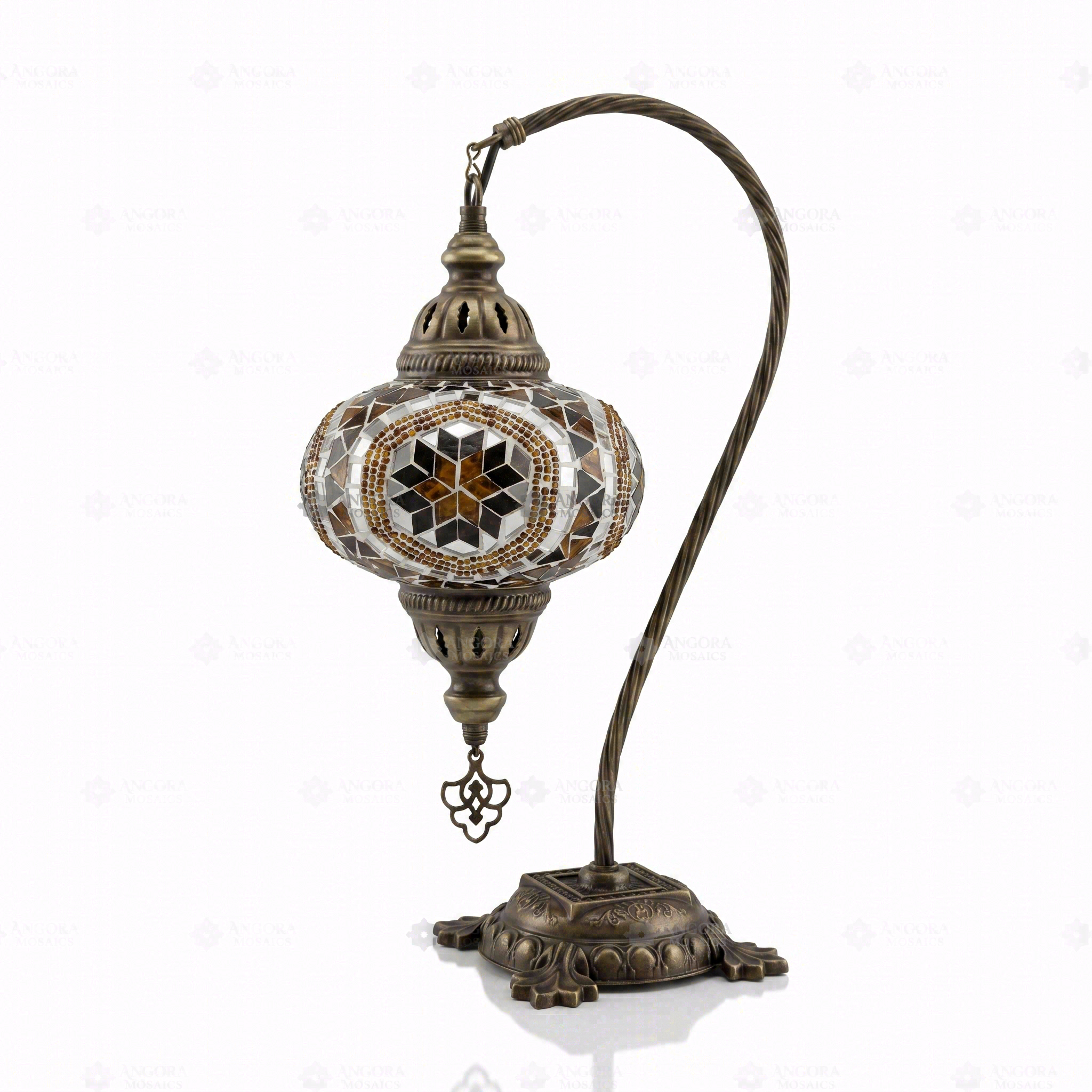 Full view of handmade Amber warm amber Turkish mosaic table lamp on white background (ENV DVN3067)