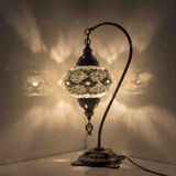 White Turkish mosaic table lamp illuminated, showing colorful light projection (ENV DVN3068)