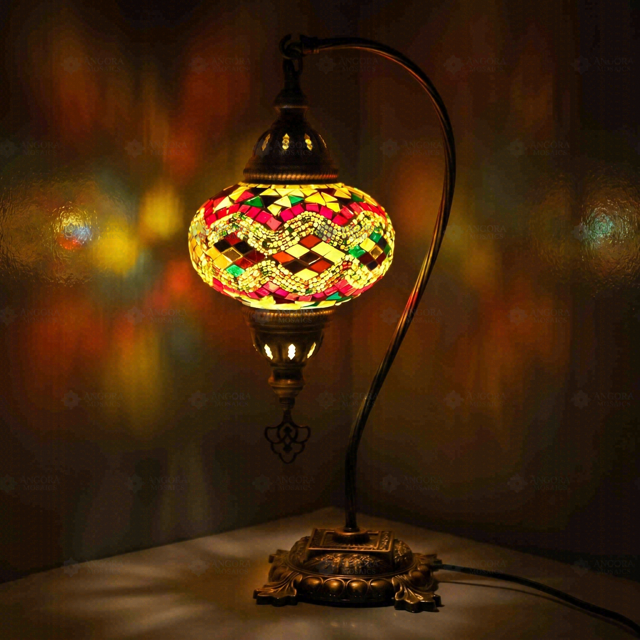Multicolor Turkish mosaic table lamp illuminated, showing colorful light projection (ENV DVN3074)