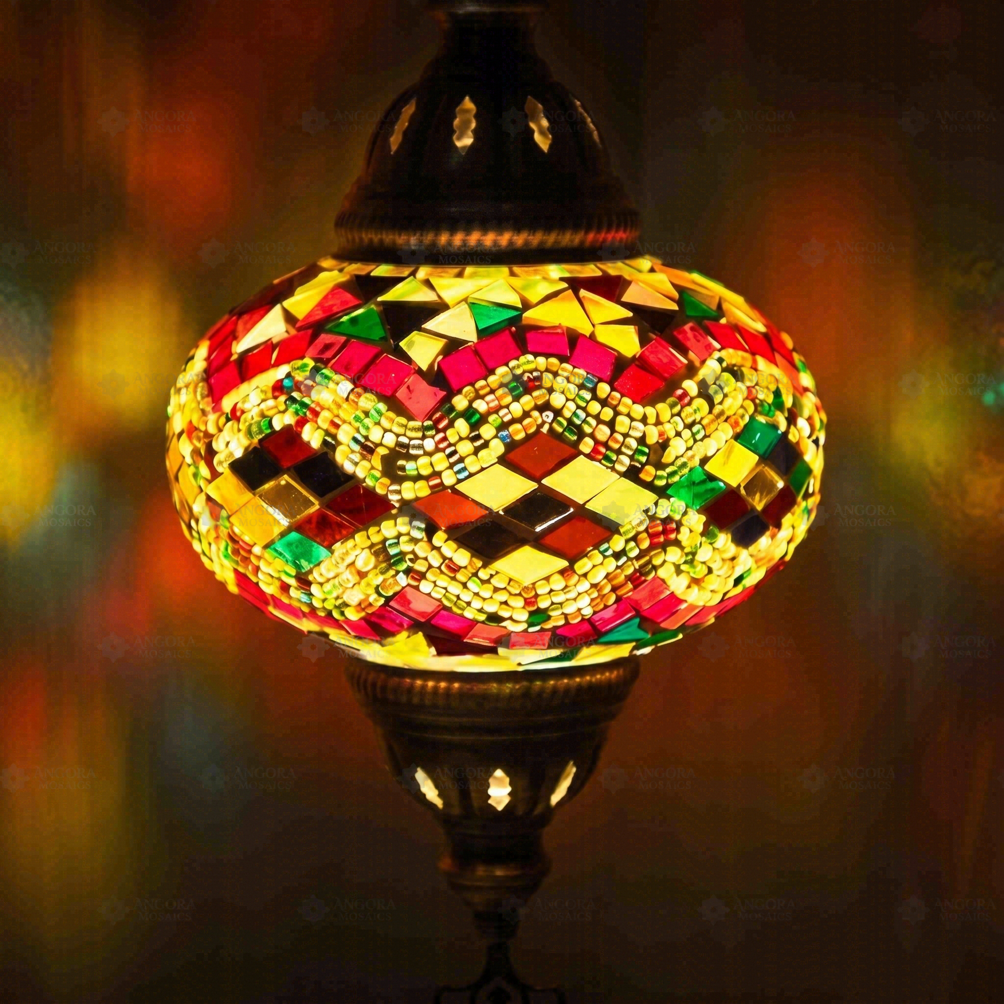 Lit close-up of mosaic glass globe — Multicolor table lamp glowing (ENV DVN3074)