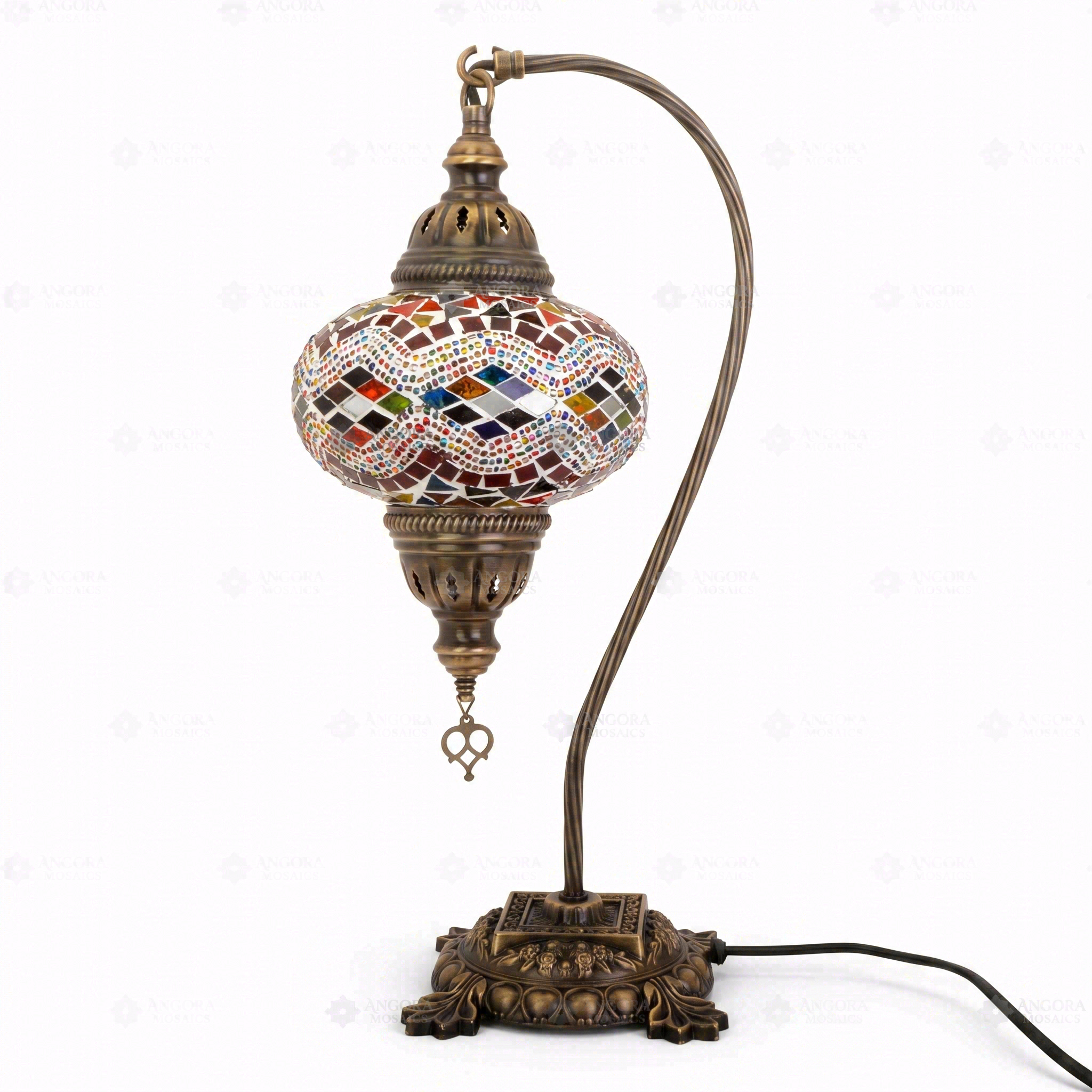 Full view of handmade Multicolor multicolor jewel Turkish mosaic table lamp on white background (ENV DVN3074)