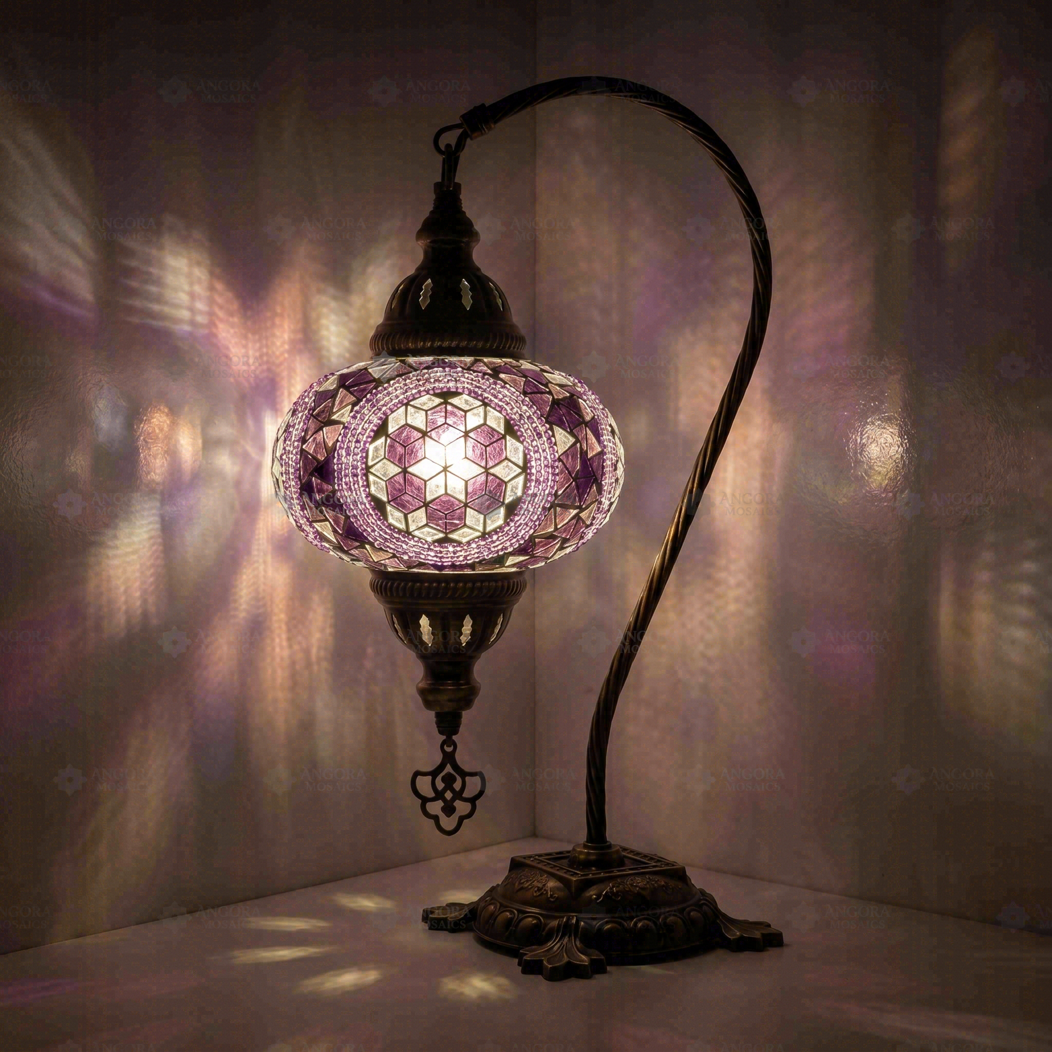 Purple Turkish mosaic table lamp illuminated, showing colorful light projection (ENV DVN3087)