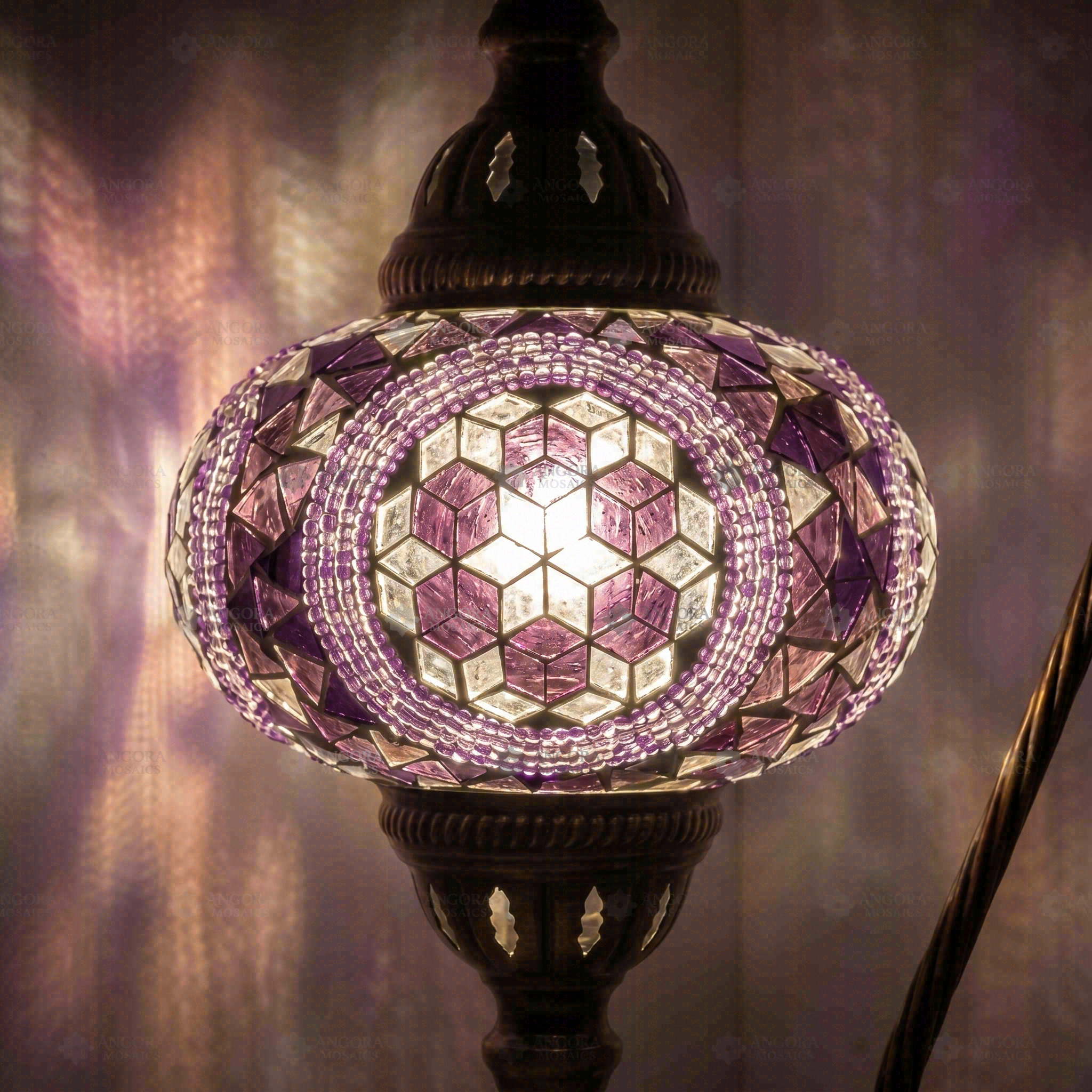 Lit close-up of mosaic glass globe — Purple table lamp glowing (ENV DVN3087)