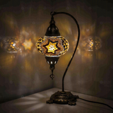 Amber Turkish mosaic table lamp illuminated, showing colorful light projection (ENV DVN3088)